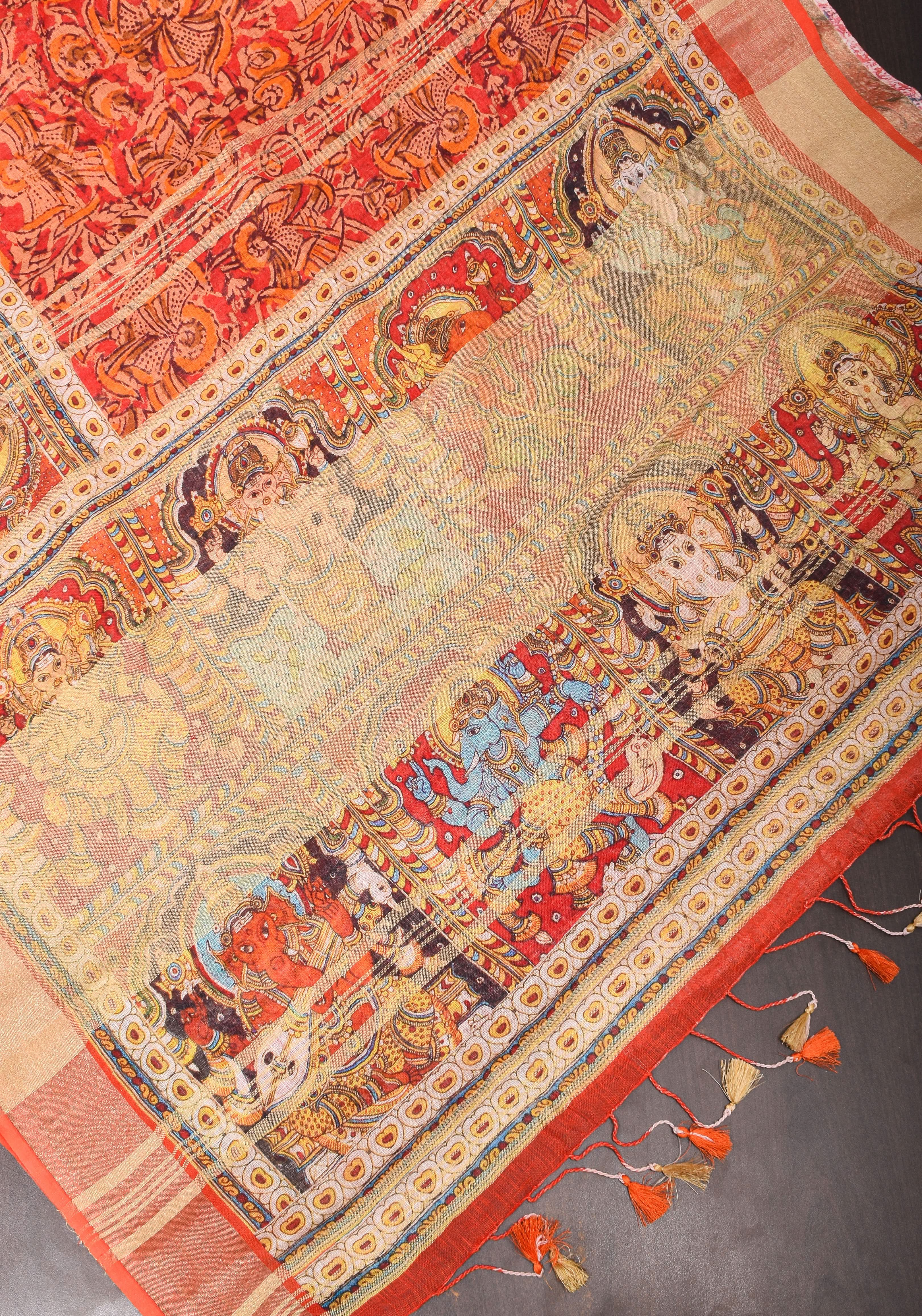 Orange Silk Linen Saree with Lord Ganesha Kalamkari Digital Print | Shobitam