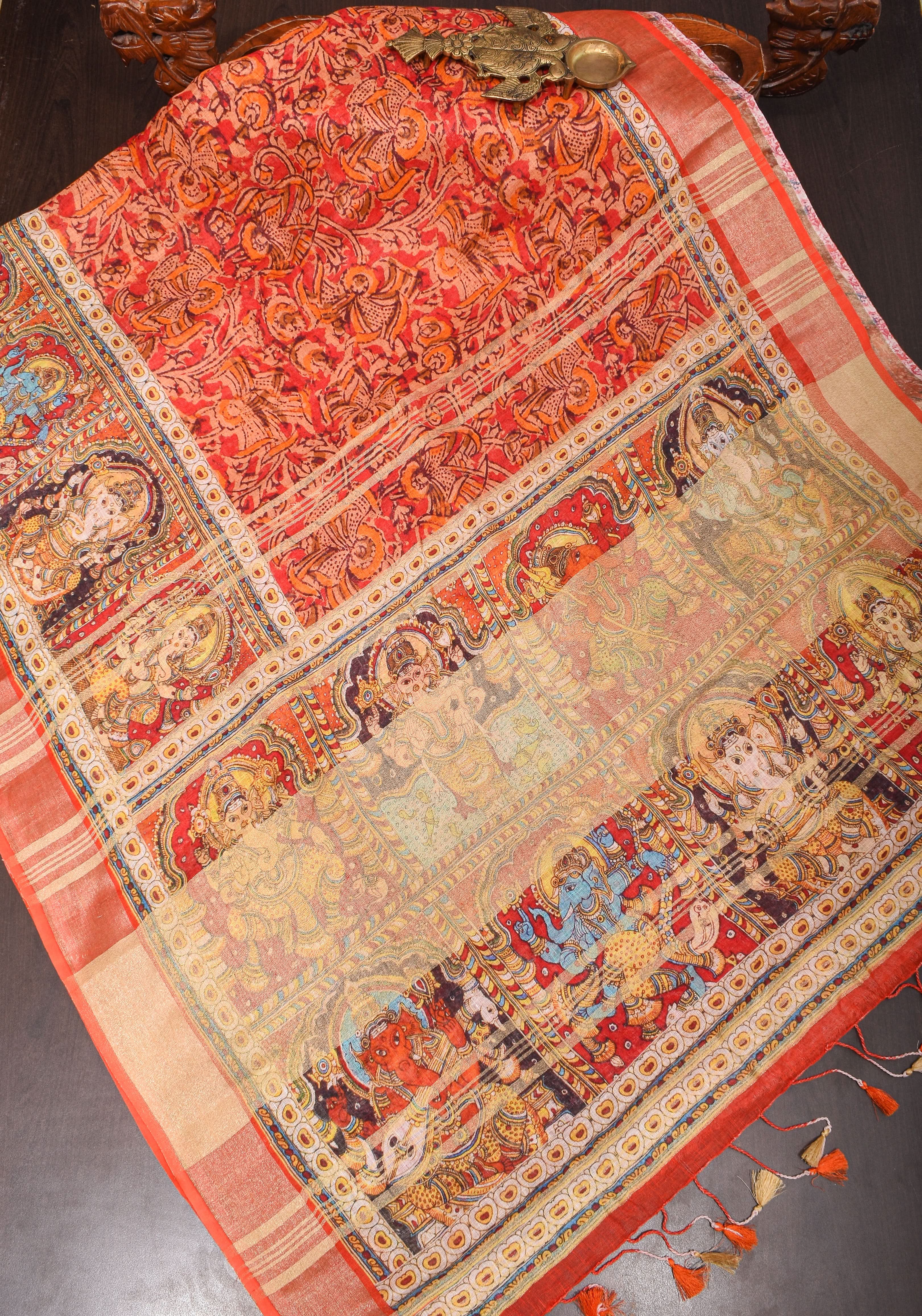 Orange Silk Linen Saree with Lord Ganesha Kalamkari Digital Print | Shobitam