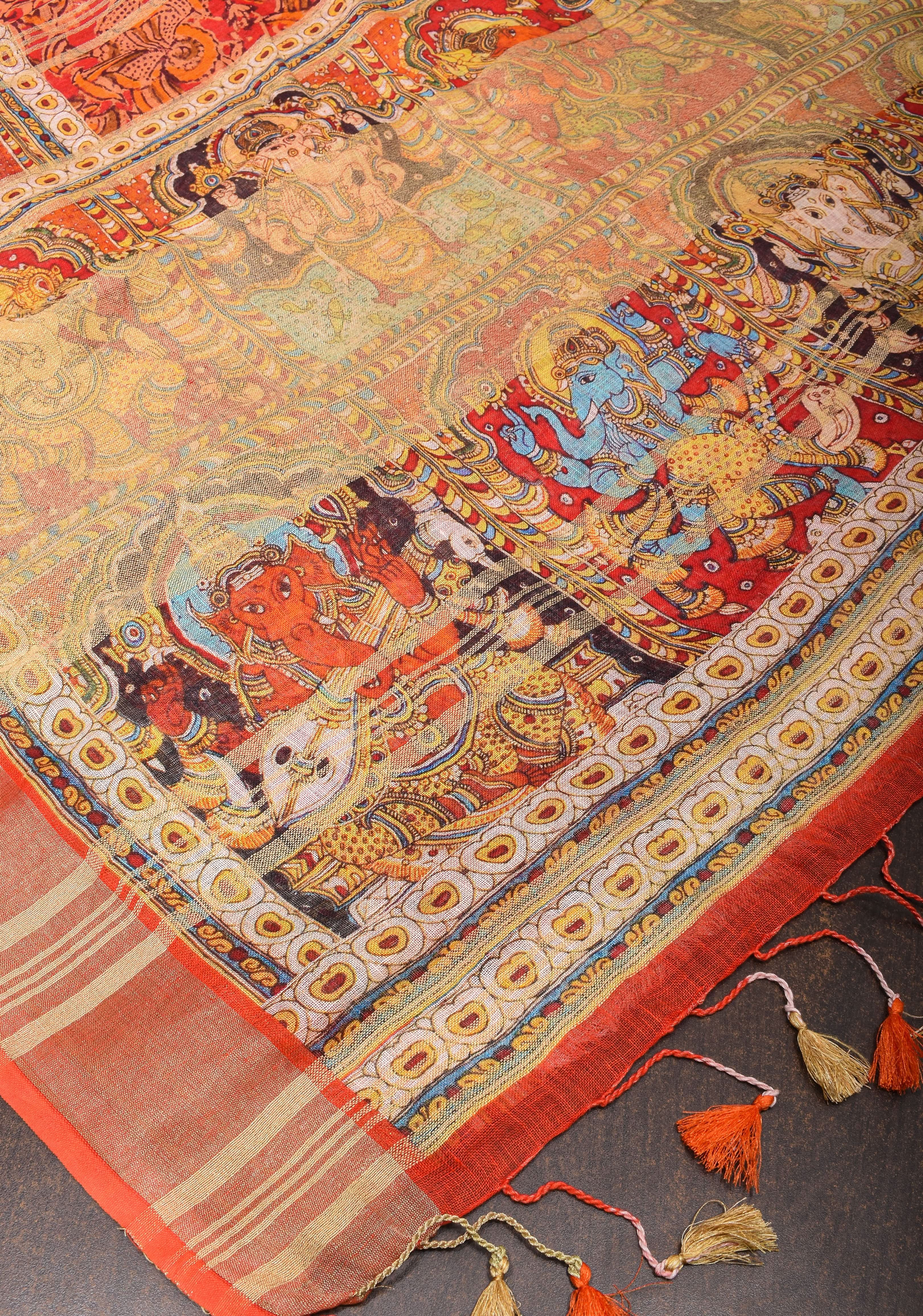 Orange Silk Linen Saree with Lord Ganesha Kalamkari Digital Print | Shobitam