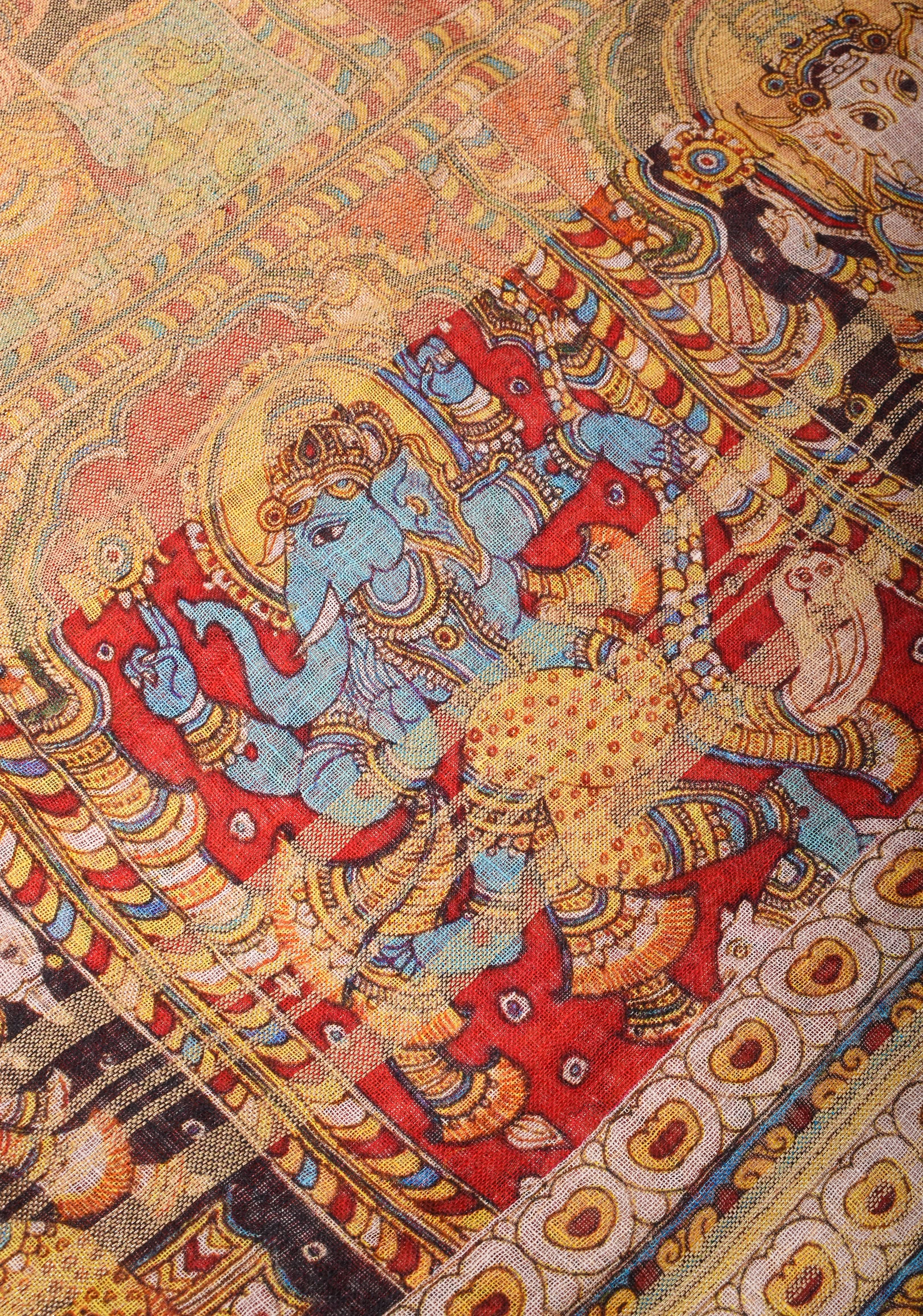 Orange Silk Linen Saree with Lord Ganesha Kalamkari Digital Print | Shobitam