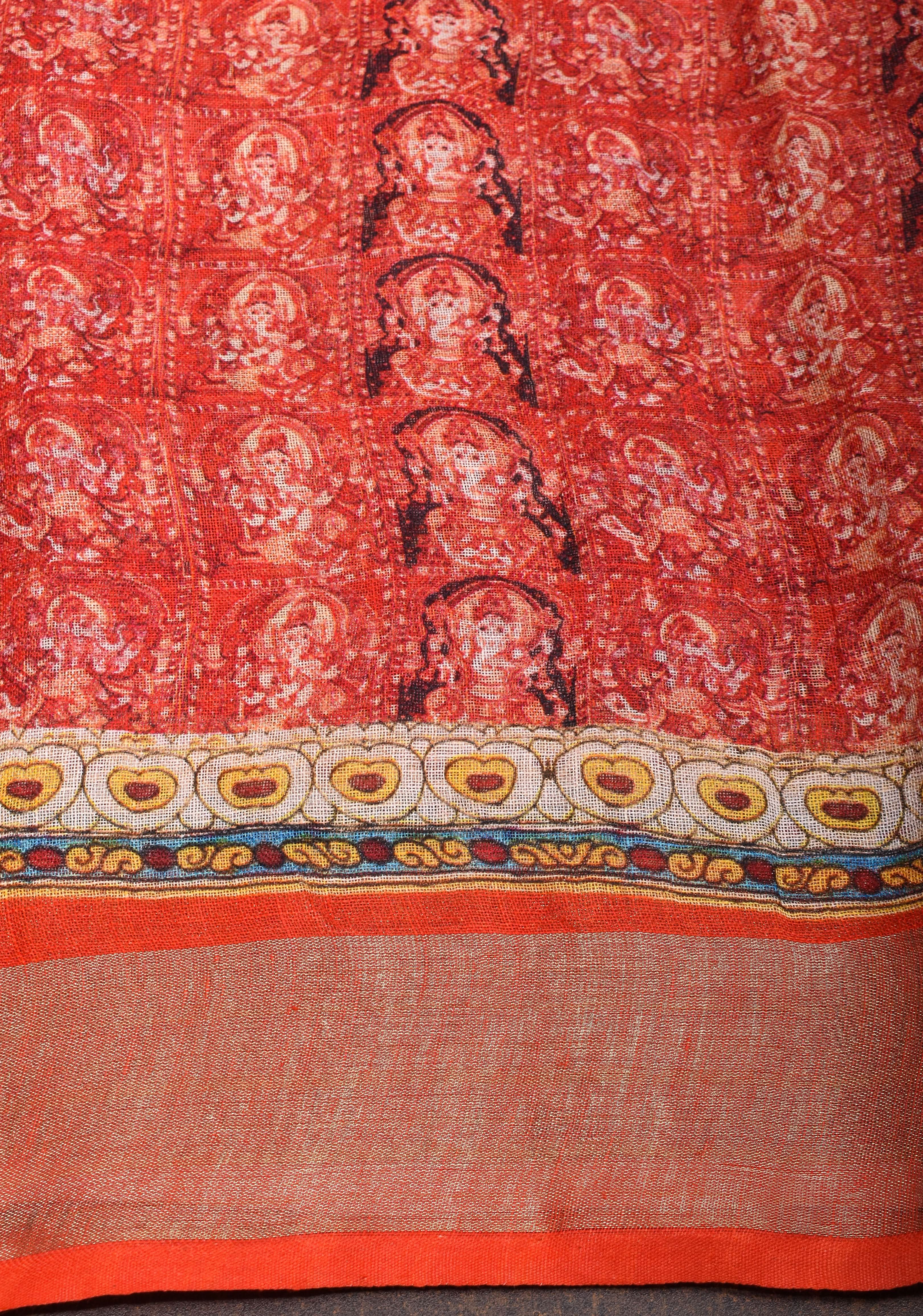 Orange Silk Linen Saree with Lord Ganesha Kalamkari Digital Print | Shobitam
