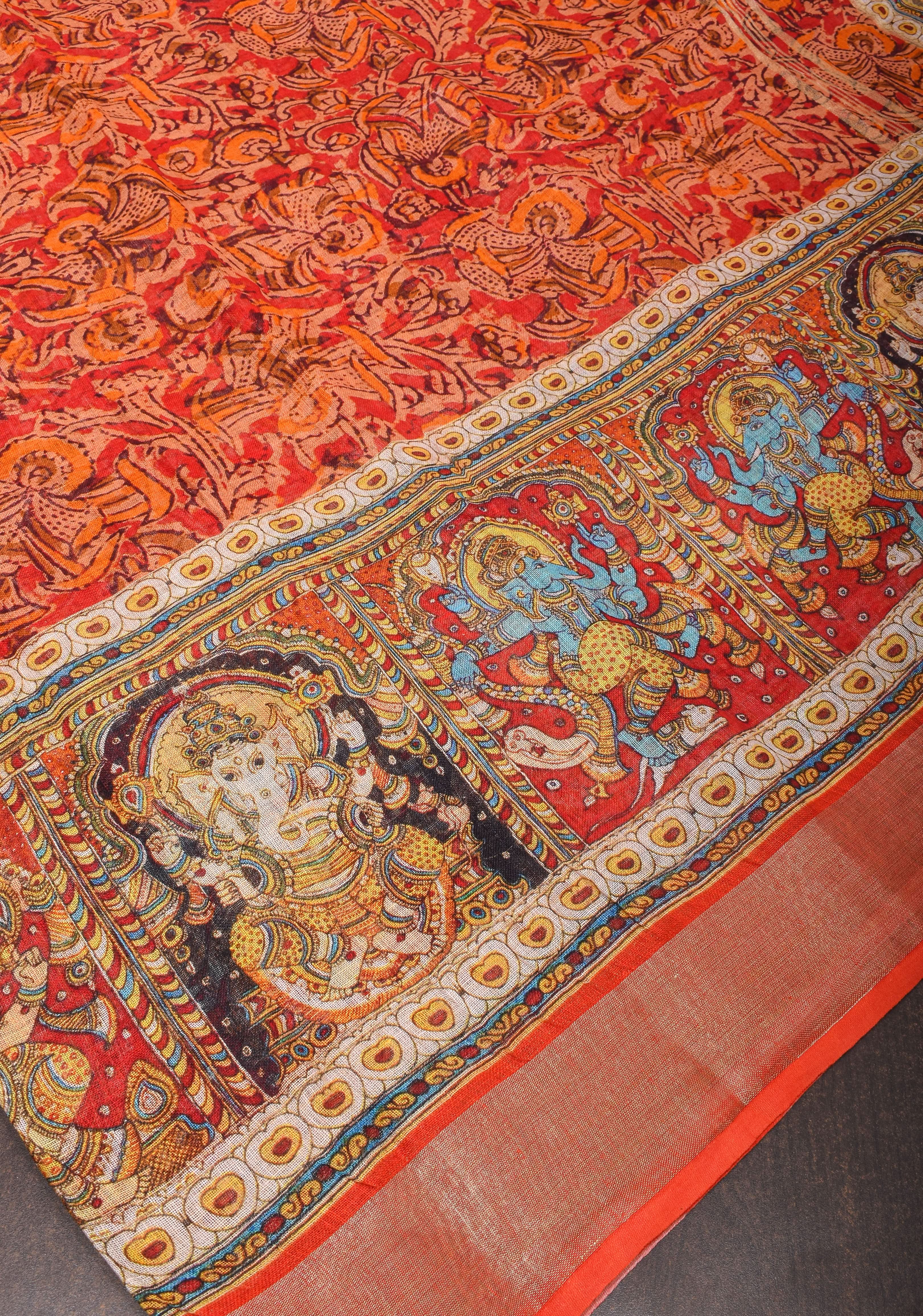 Orange Silk Linen Saree with Lord Ganesha Kalamkari Digital Print | Shobitam