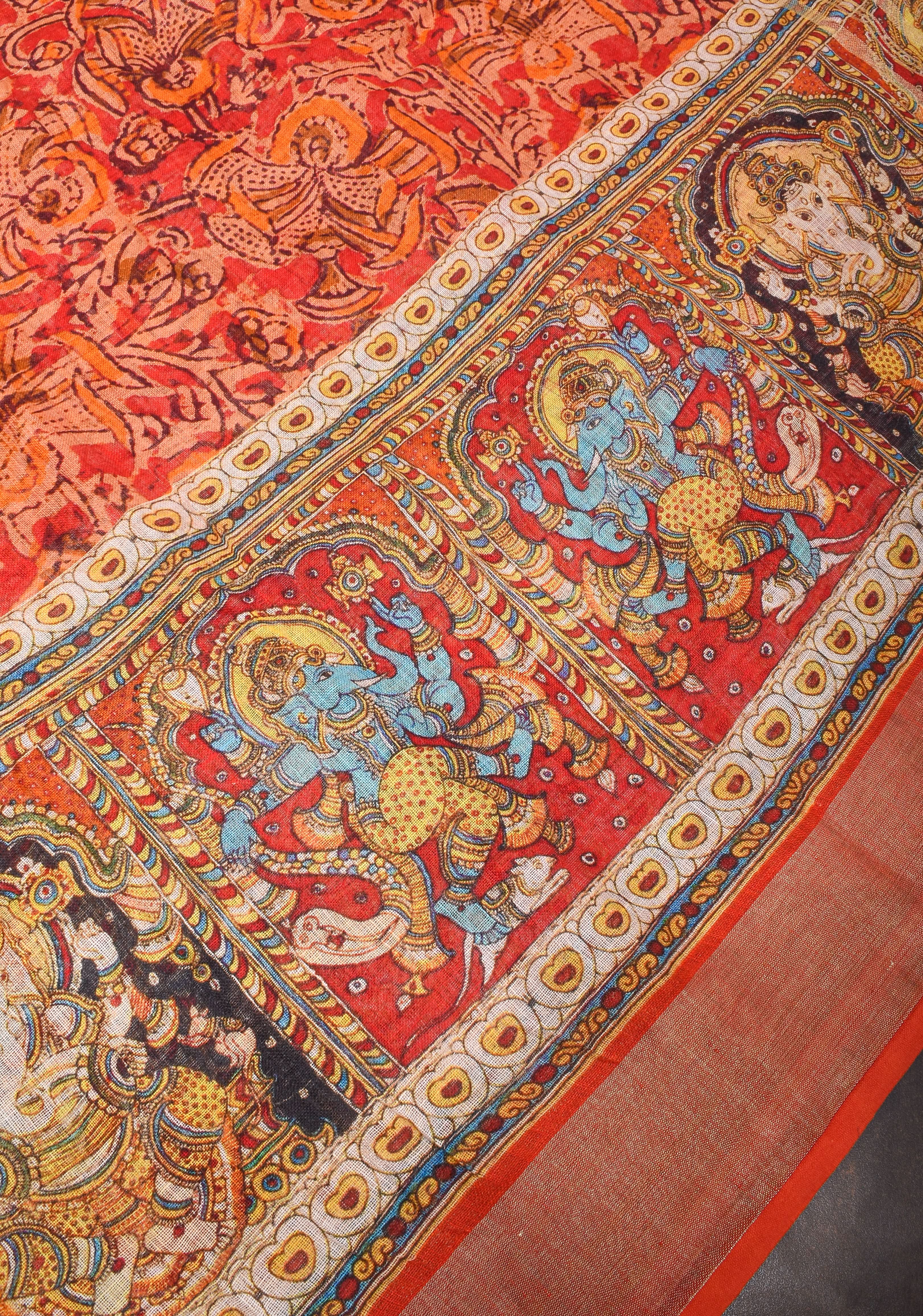 Orange Silk Linen Saree with Lord Ganesha Kalamkari Digital Print | Shobitam