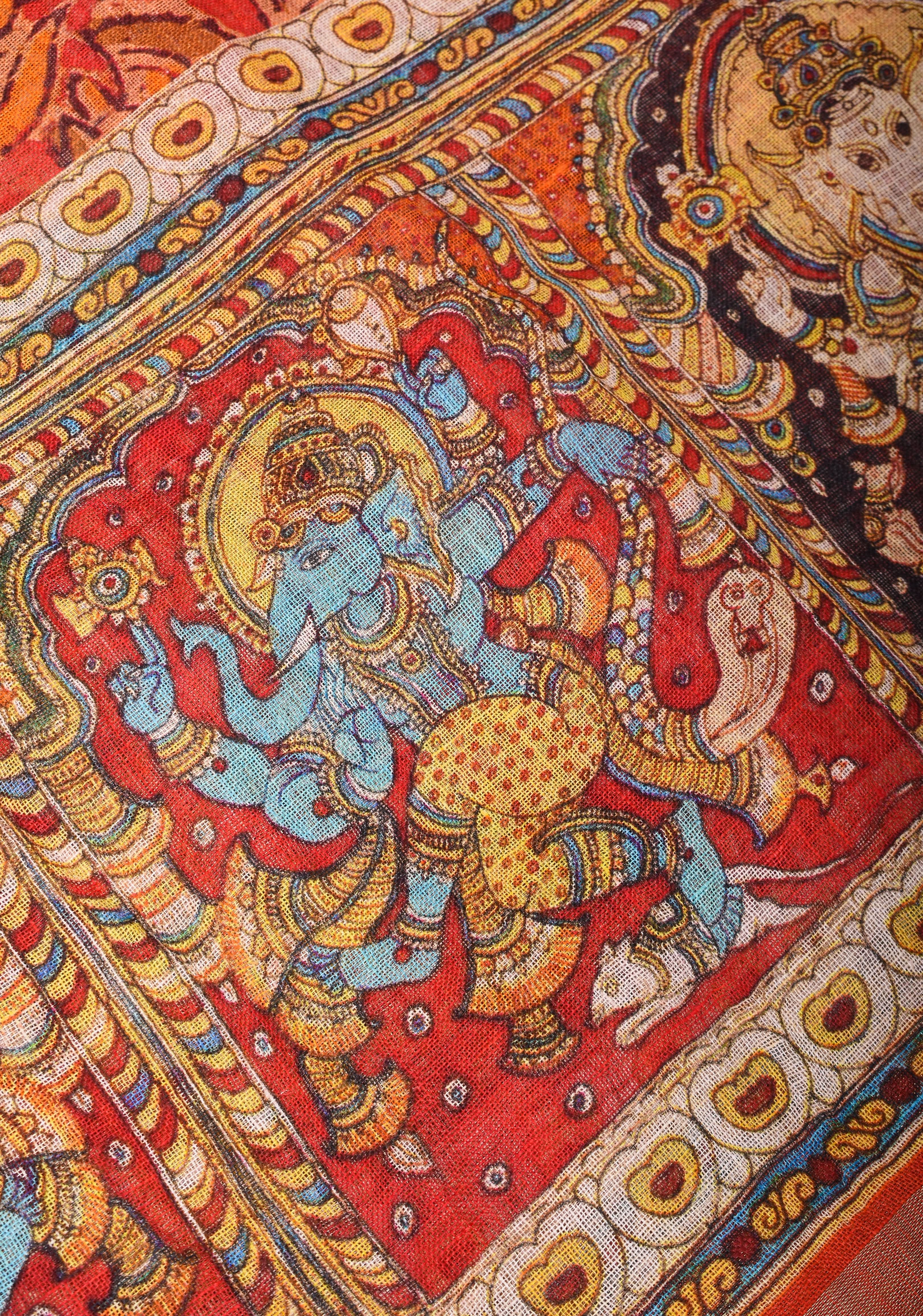 Orange Silk Linen Saree with Lord Ganesha Kalamkari Digital Print | Shobitam