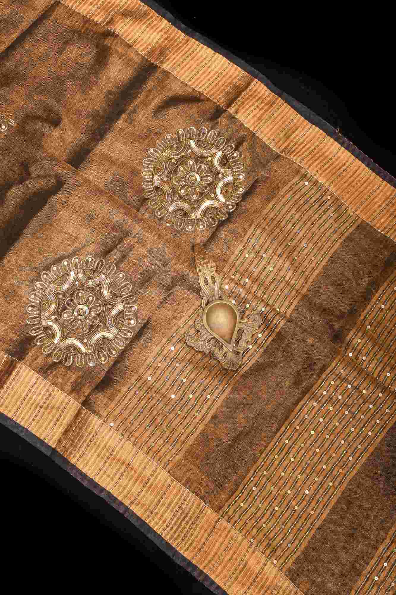 Embroidery cut dana with seqins Work Tissue Linen Saree in copper black with dramatic work Pallu