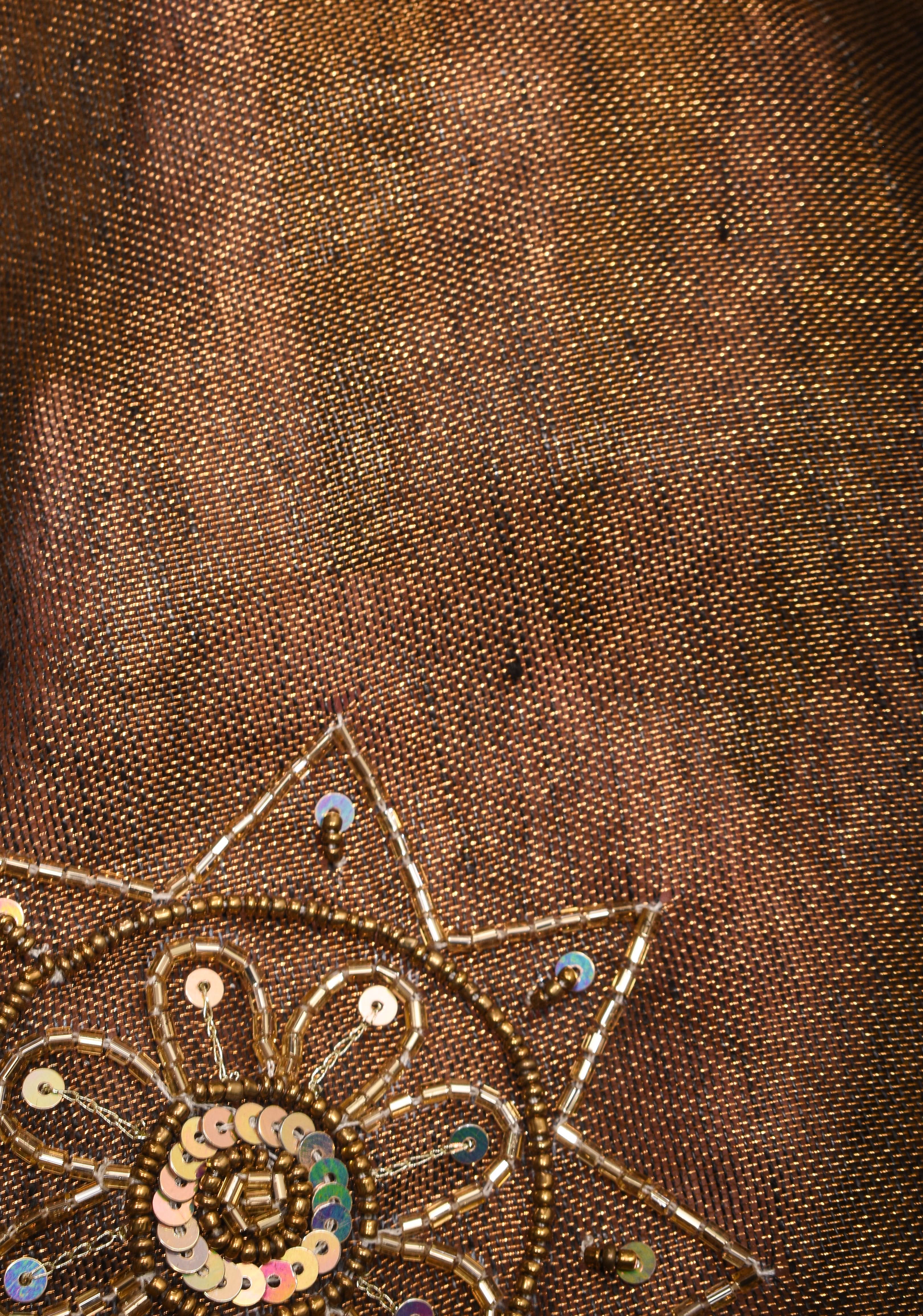 Embroidery cut dana with seqins Work Tissue Linen Saree in copper black with dramatic work Pallu | Shobitam