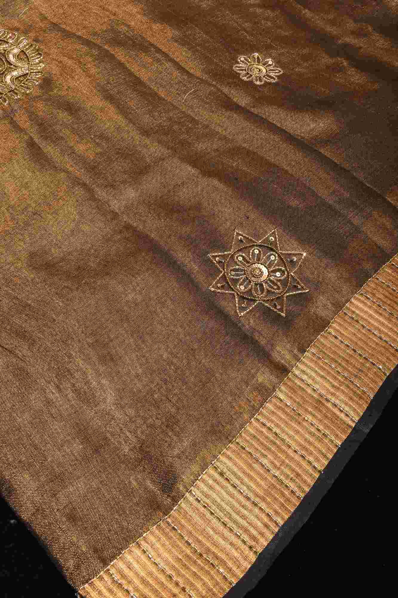 Embroidery cut dana with seqins Work Tissue Linen Saree in copper black with dramatic work Pallu