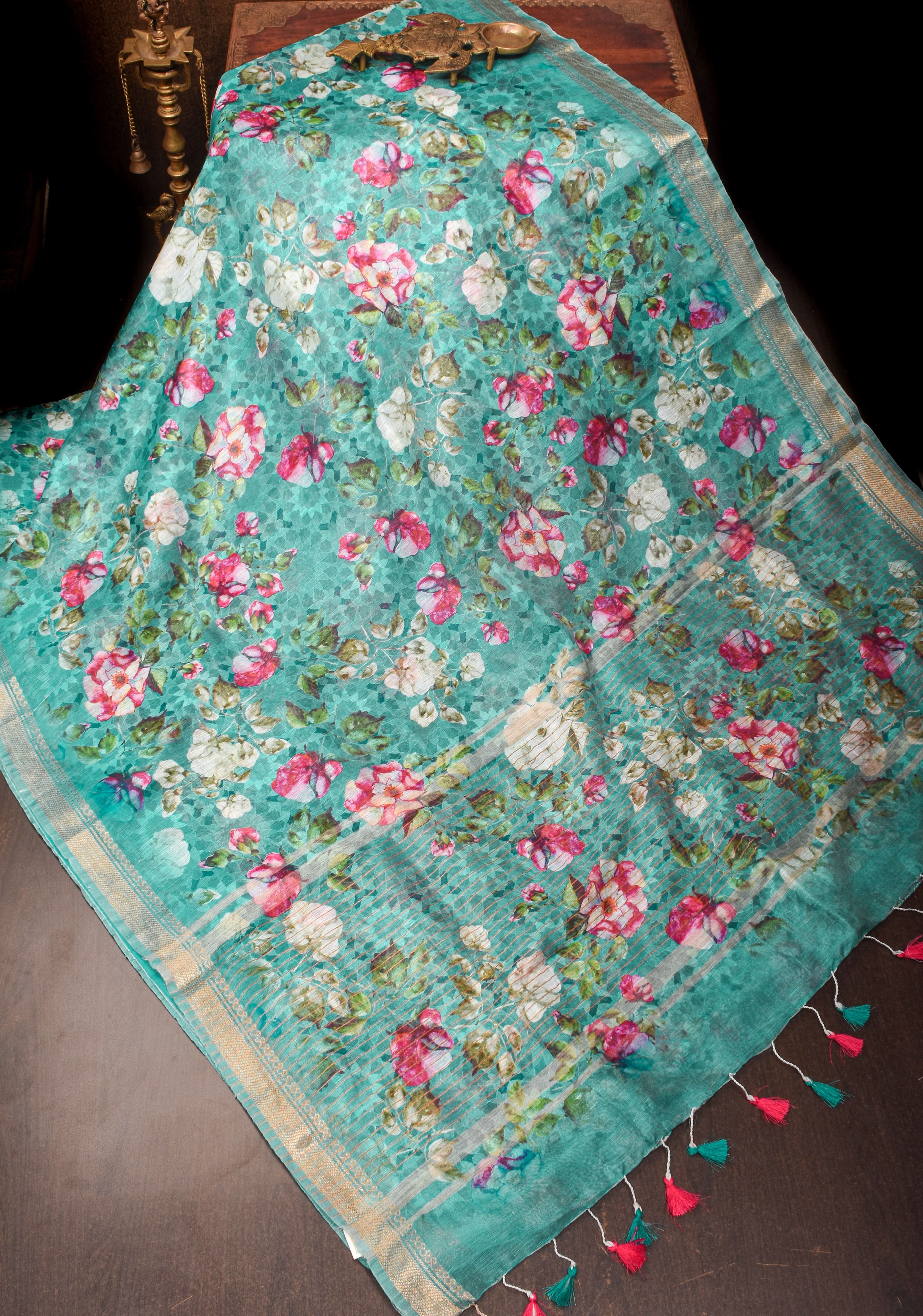 Blue Silk Linen Saree with Floral Digital Print | Shobitam