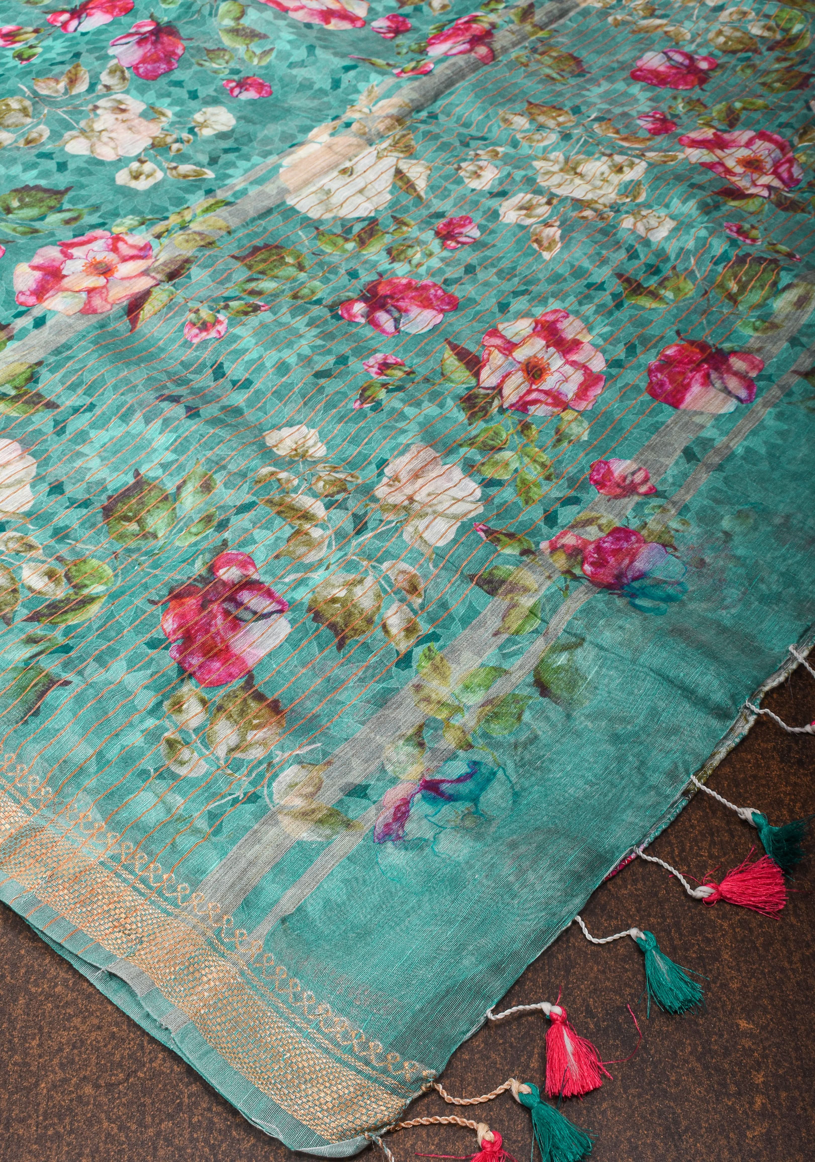 Blue Silk Linen Saree with Floral Digital Print | Shobitam