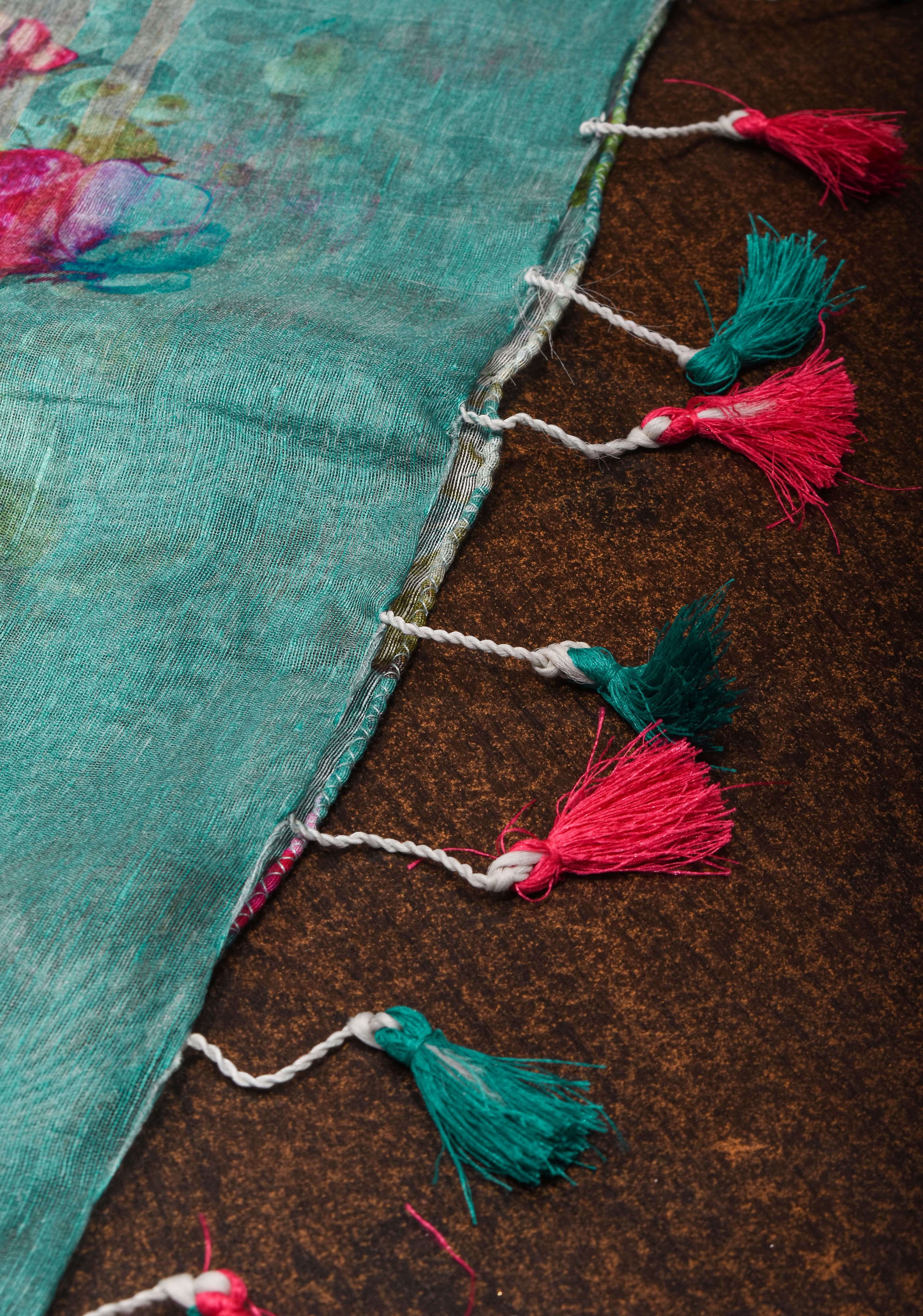 Blue Silk Linen Saree with Floral Digital Print | Shobitam