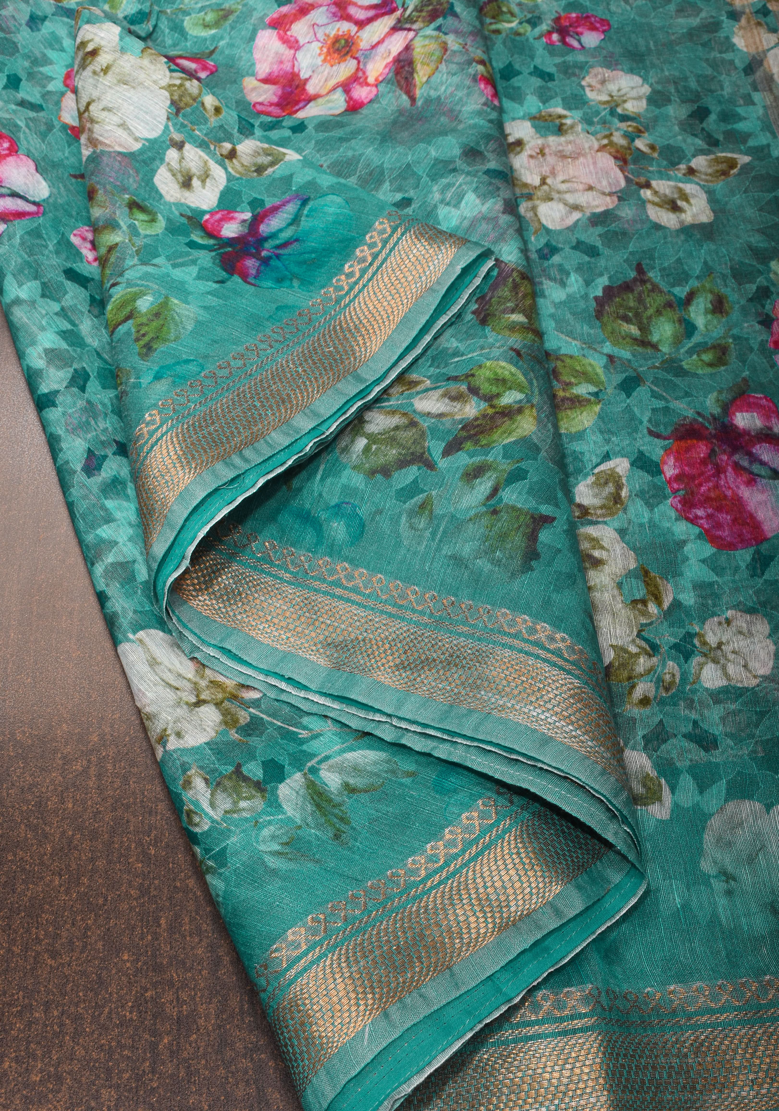 Blue Silk Linen Saree with Floral Digital Print | Shobitam