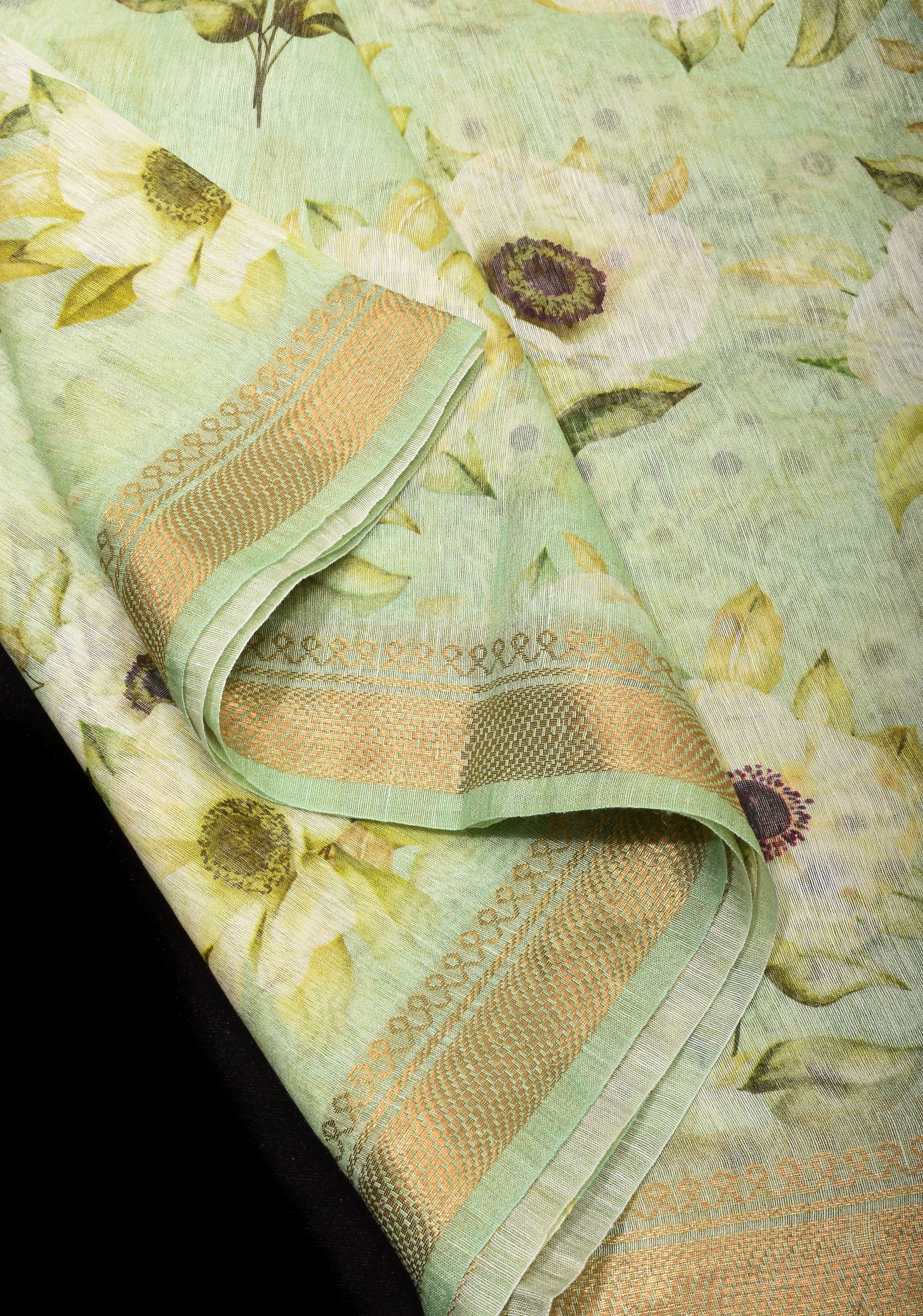 Pastel green Silk Linen Saree with Floral Digital Print | Shobitam