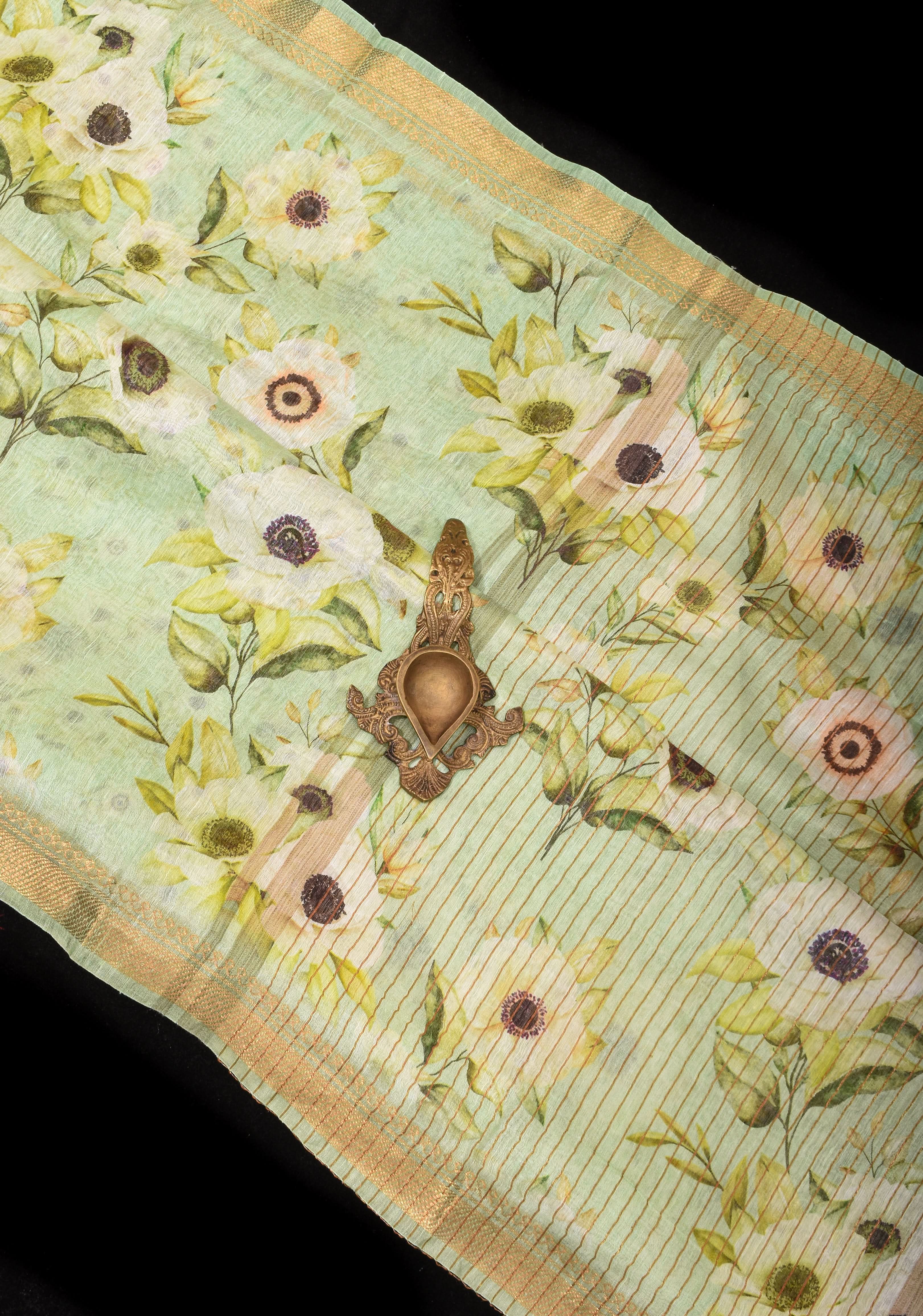Pastel green Silk Linen Saree with Floral Digital Print | Shobitam