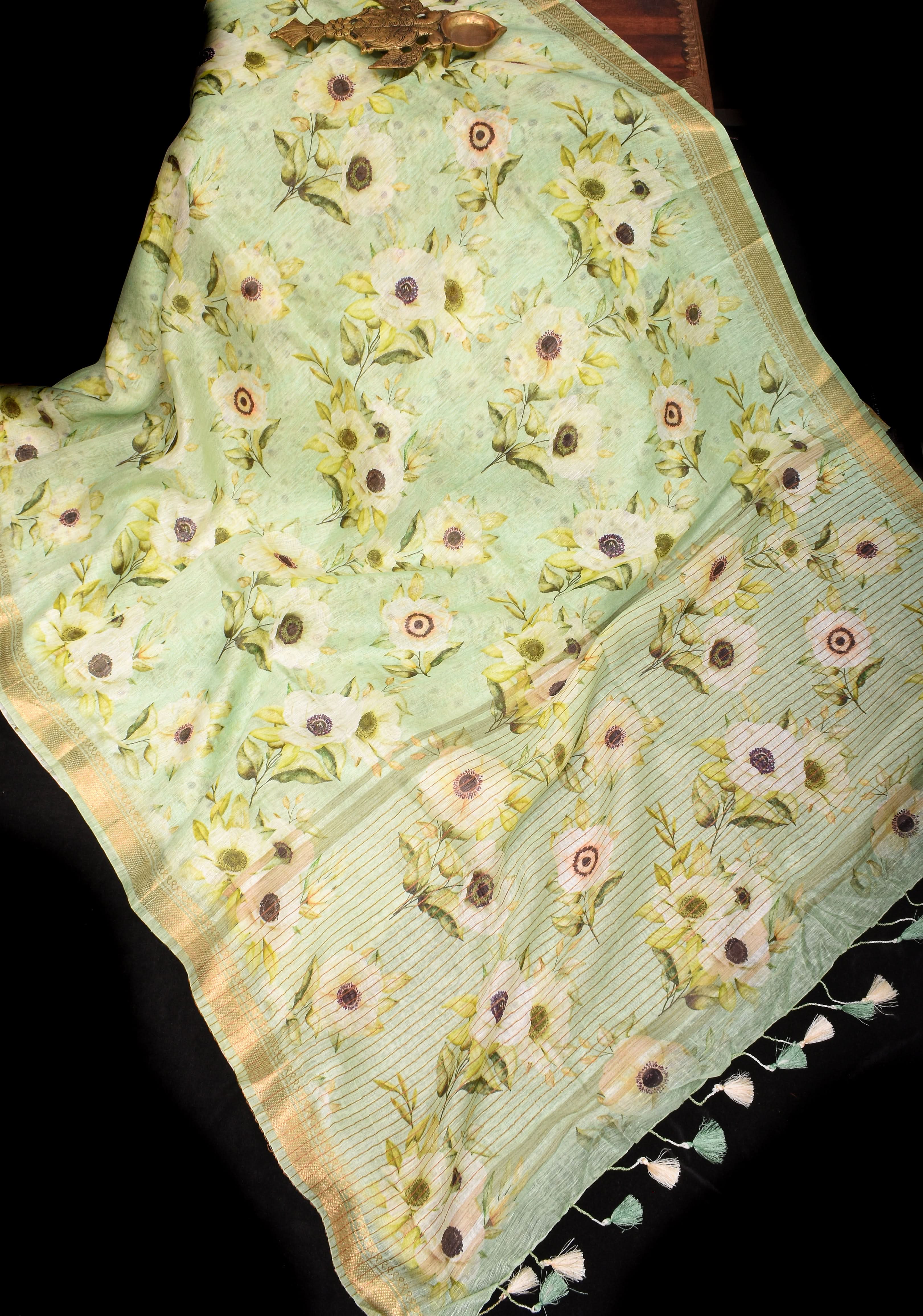 Pastel green Silk Linen Saree with Floral Digital Print | Shobitam