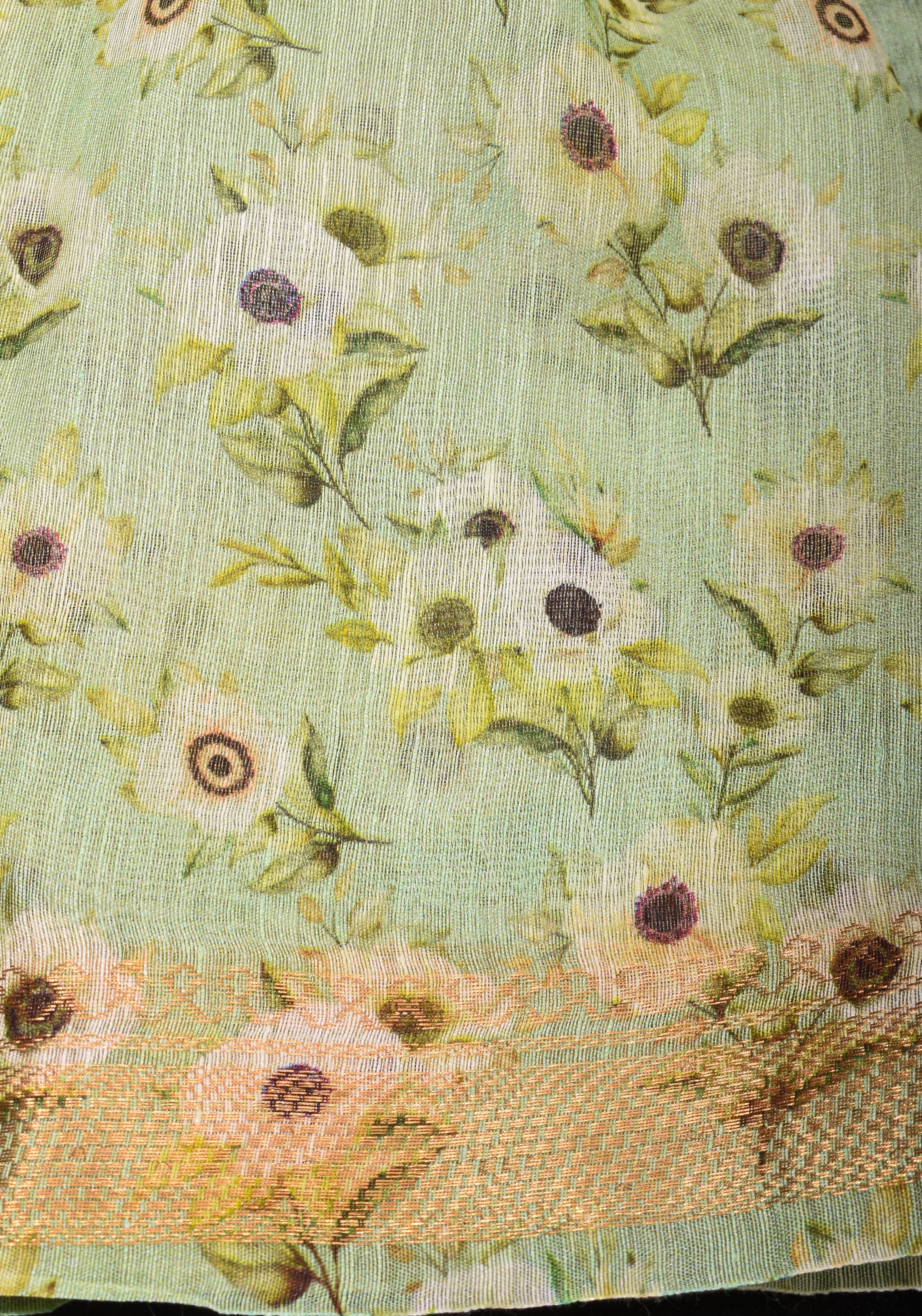 Pastel green Silk Linen Saree with Floral Digital Print | Shobitam