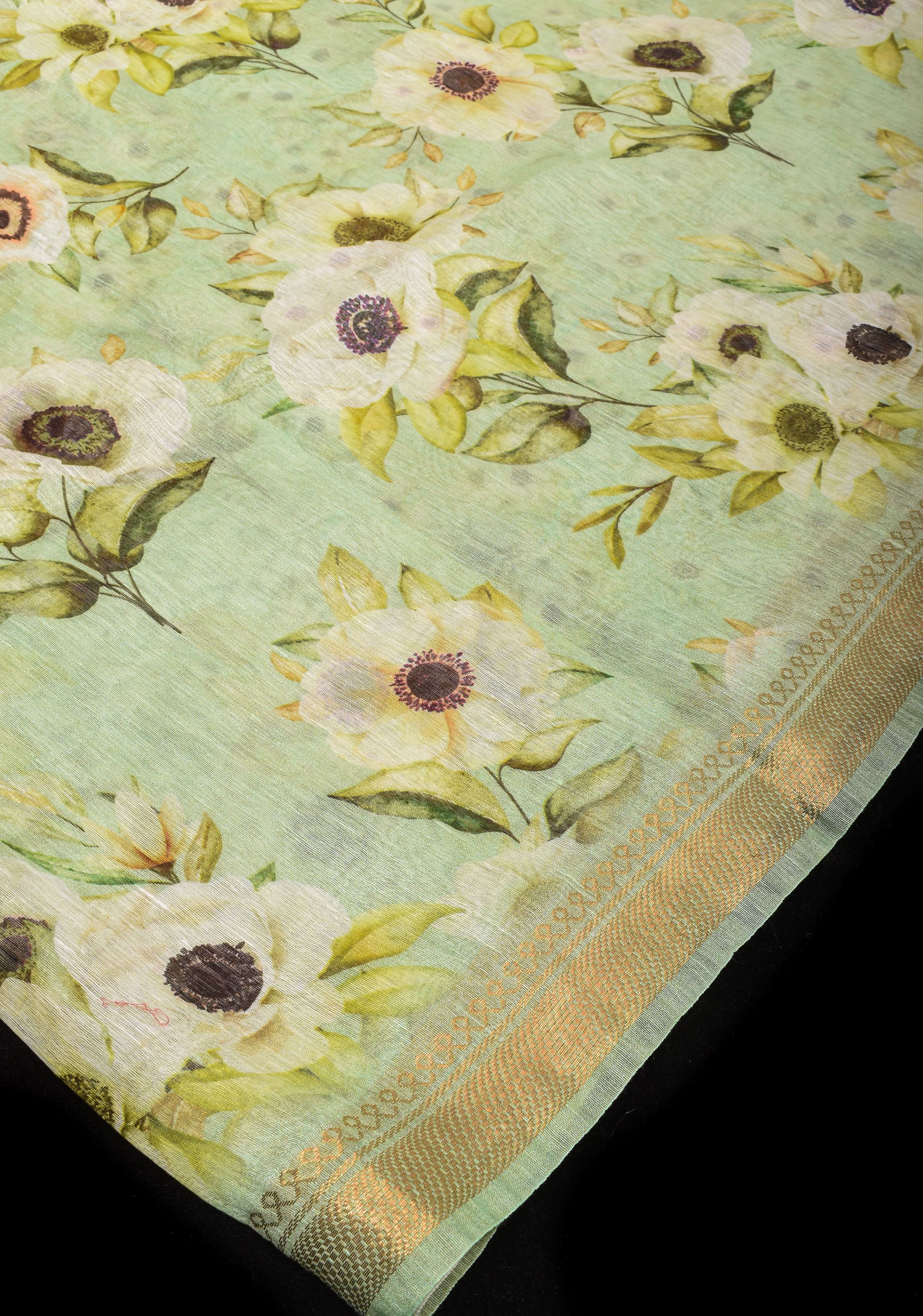 Pastel green Silk Linen Saree with Floral Digital Print | Shobitam