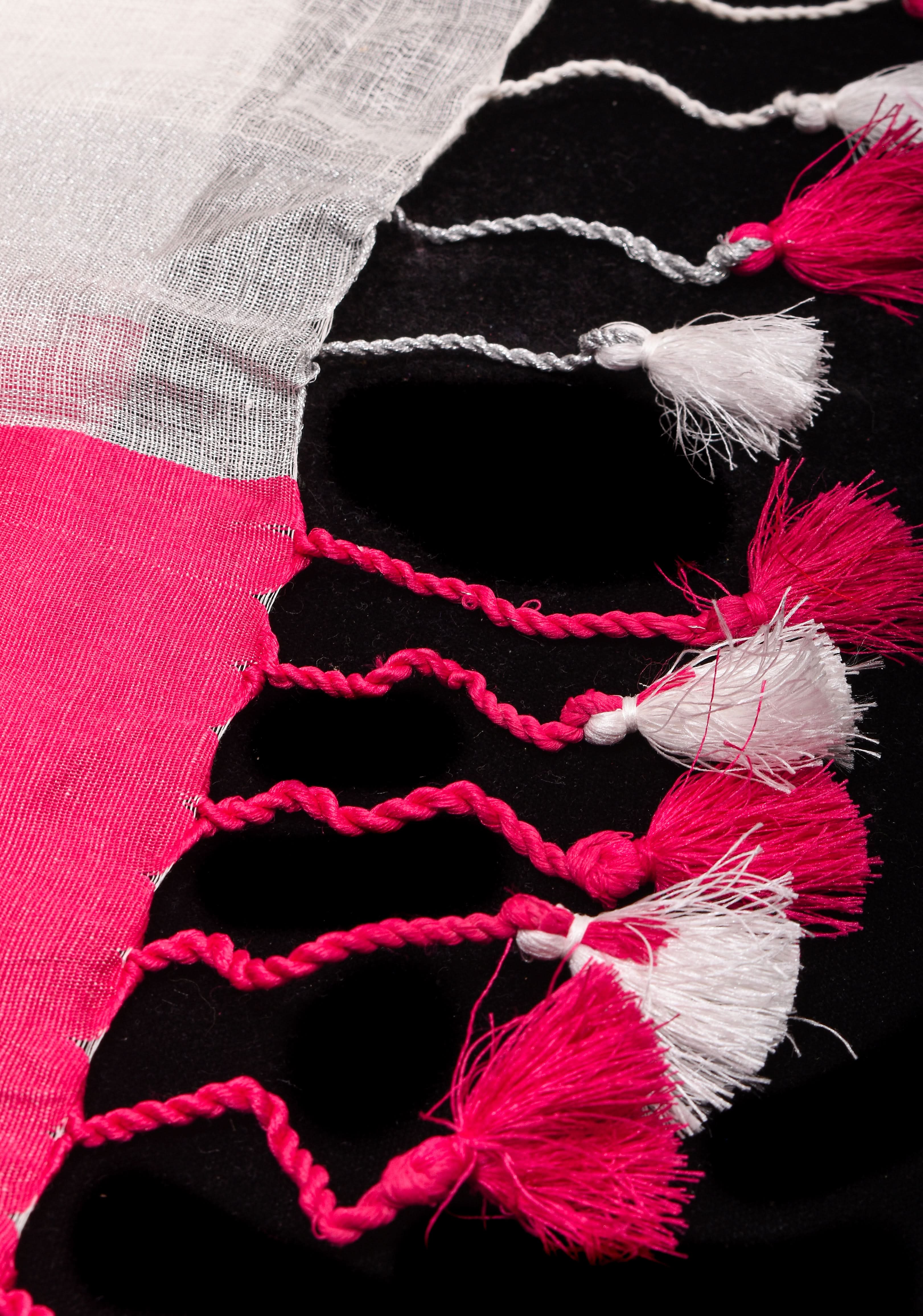 Charming White, Pink and Silver Wide Border Pure Linen by Linen Saree | Shobitam