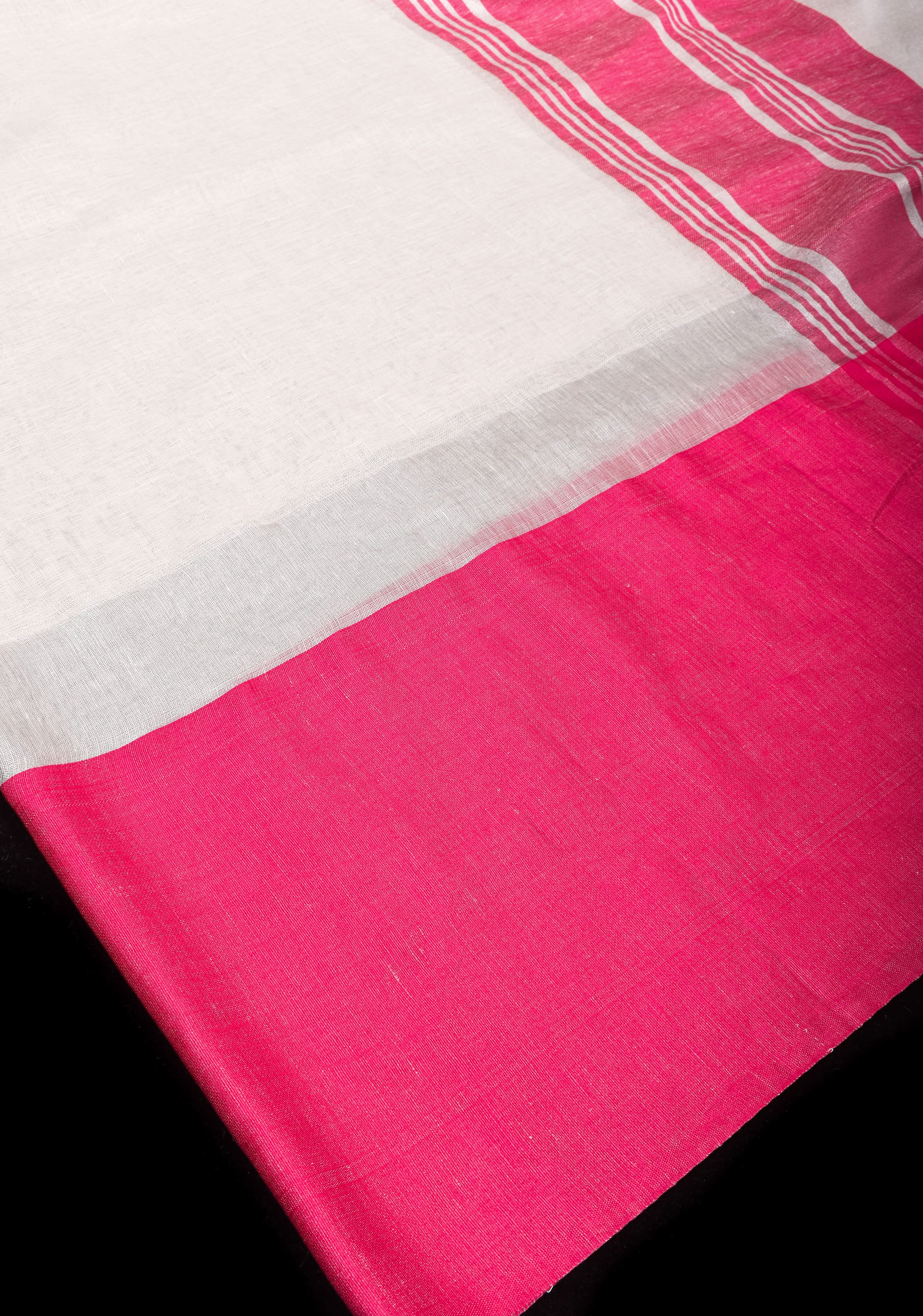 Charming White, Pink and Silver Wide Border Pure Linen by Linen Saree | Shobitam