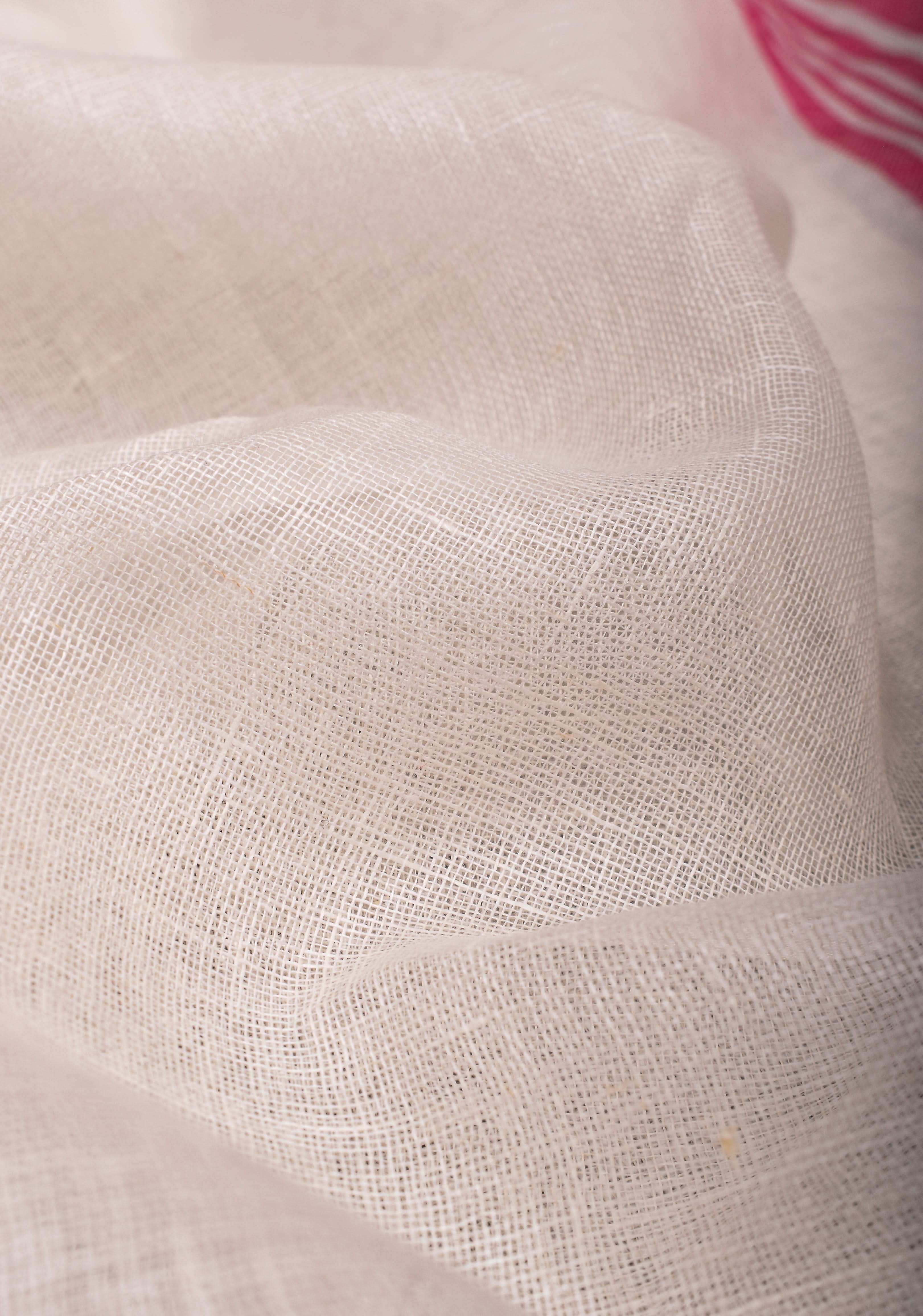 Charming White, Pink and Silver Wide Border Pure Linen by Linen Saree | Shobitam