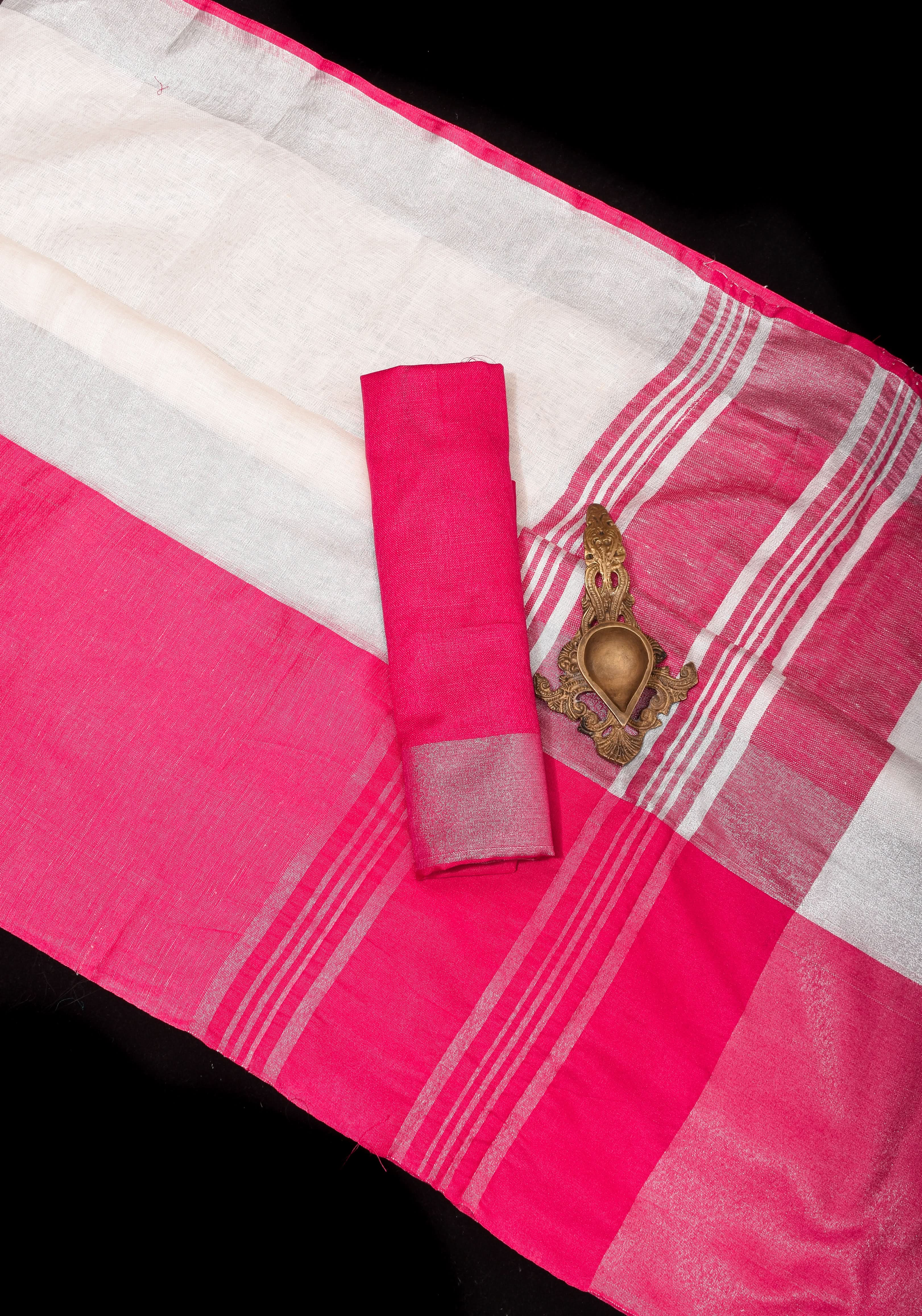 Charming White, Pink and Silver Wide Border Pure Linen by Linen Saree | Shobitam