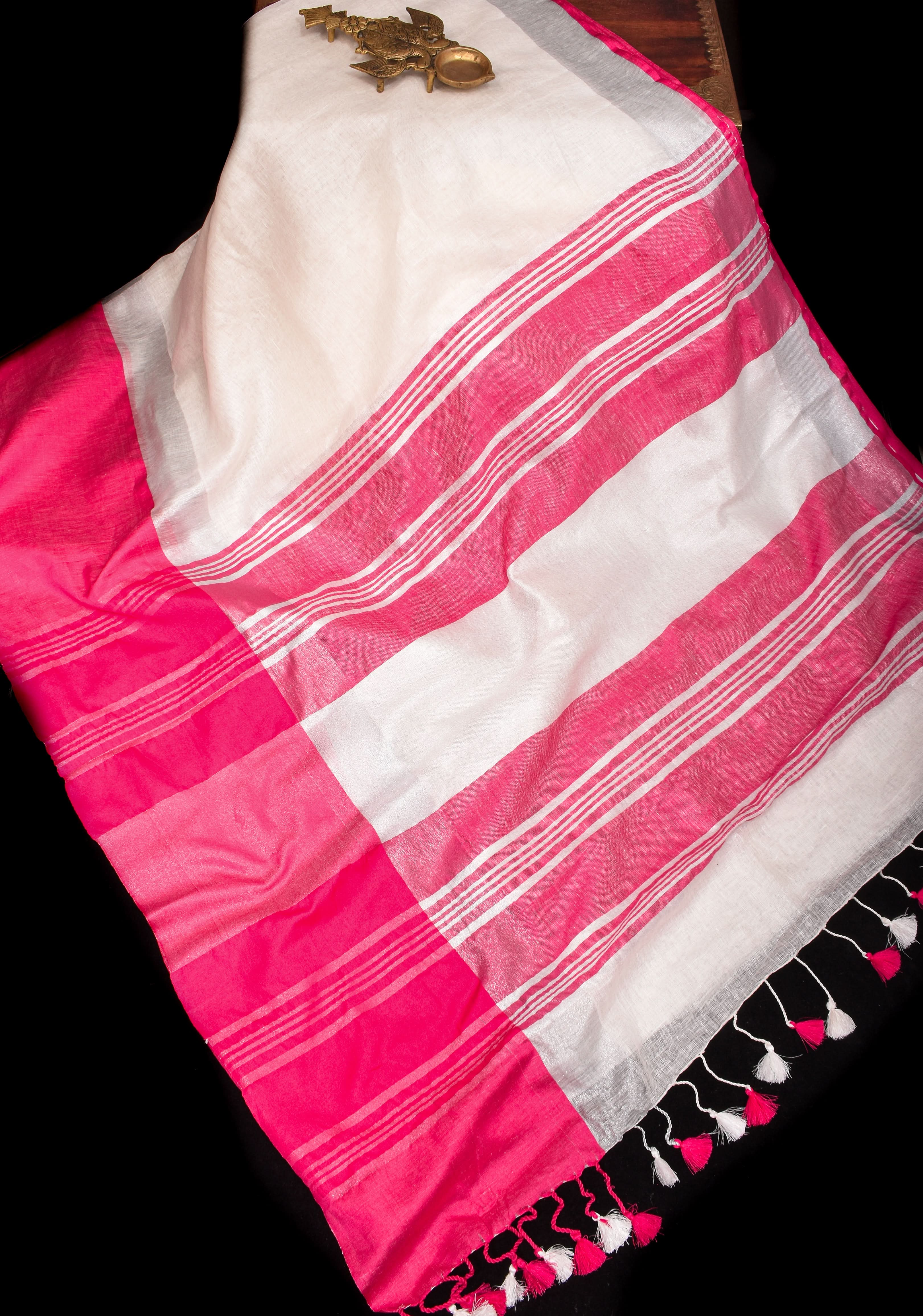 Charming White, Pink and Silver Wide Border Pure Linen by Linen Saree | Shobitam