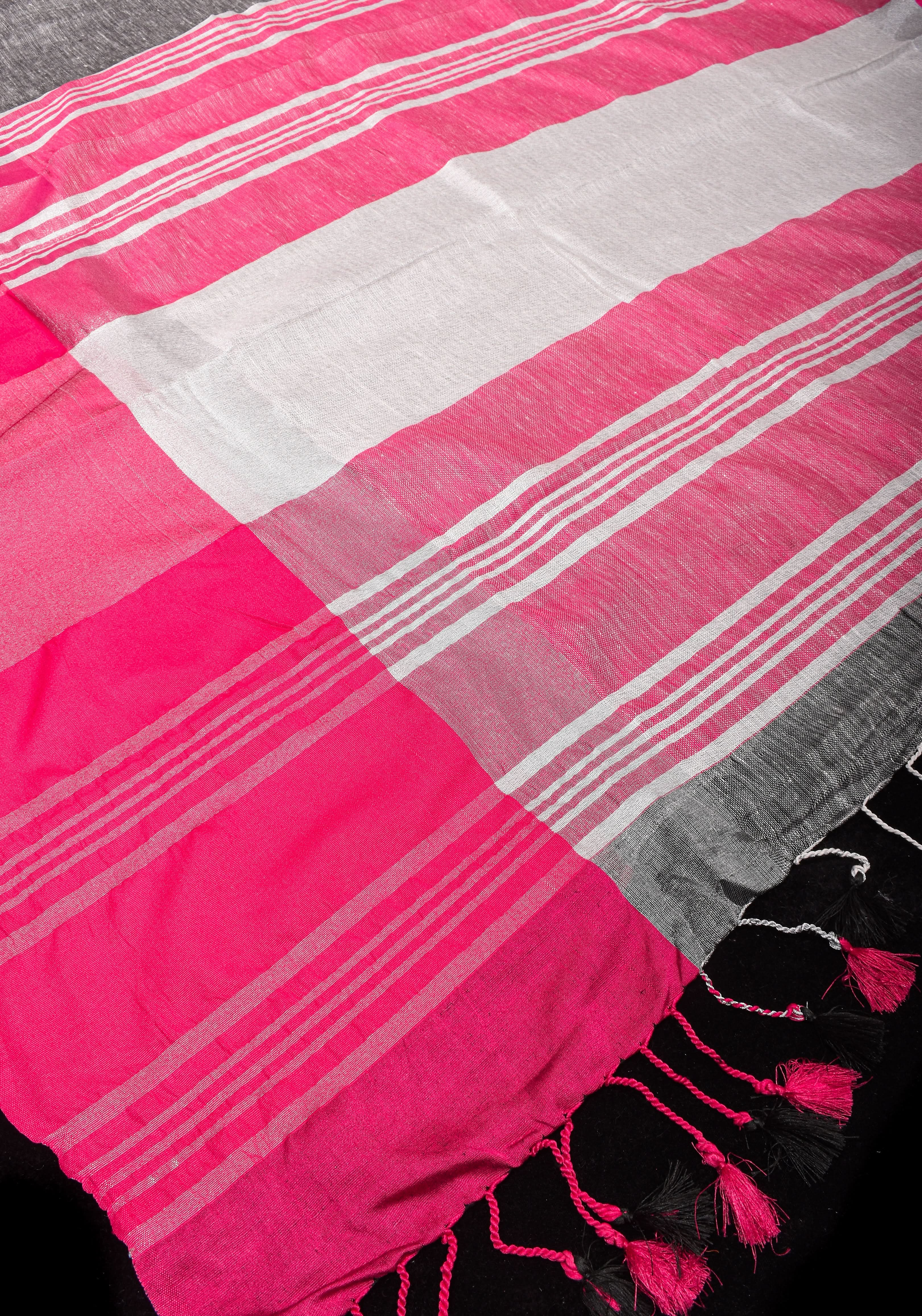 Charming Gray, Pink and Silver Wide Border Pure Linen by Linen Saree | Shobitam