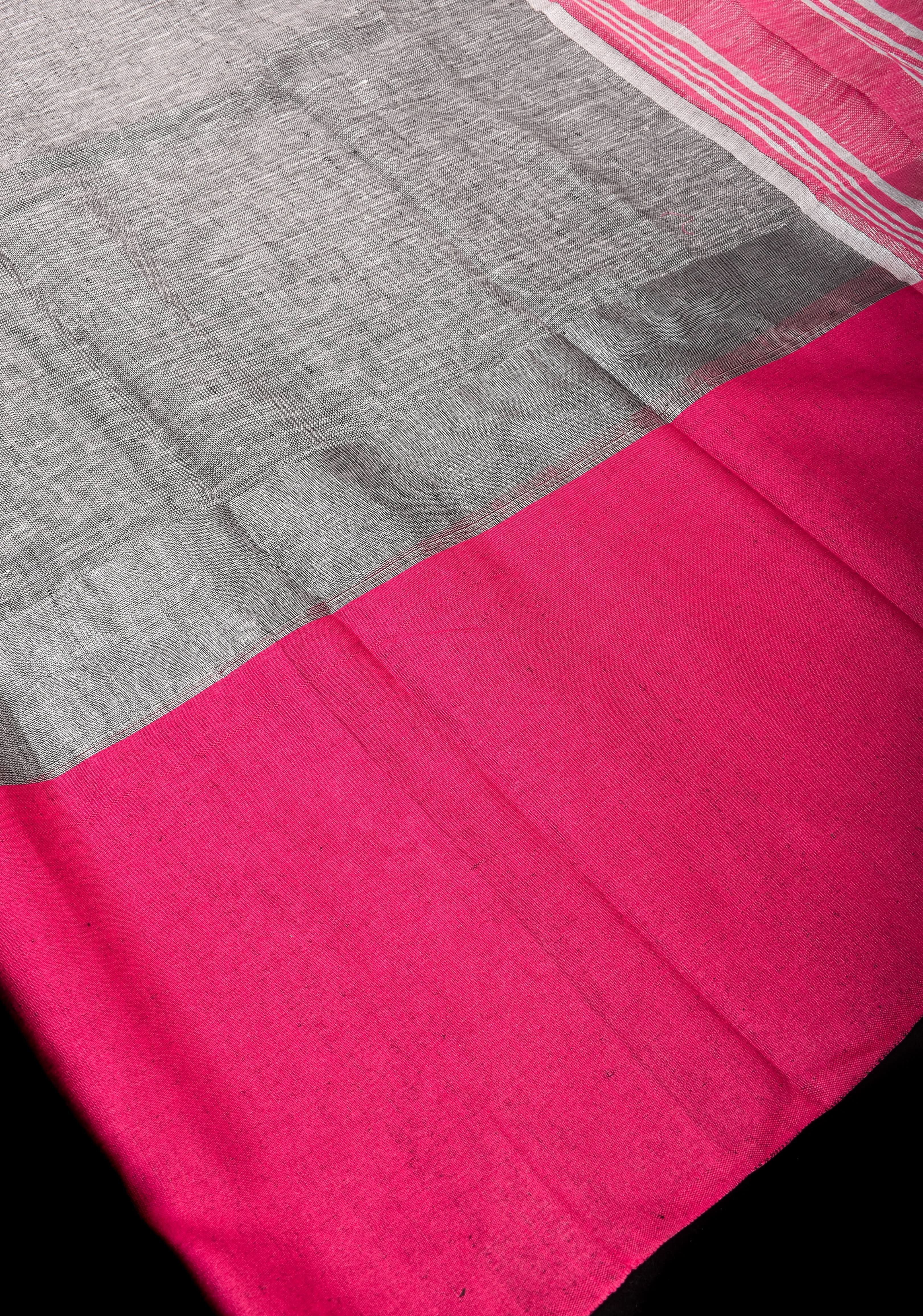 Charming Gray, Pink and Silver Wide Border Pure Linen by Linen Saree | Shobitam