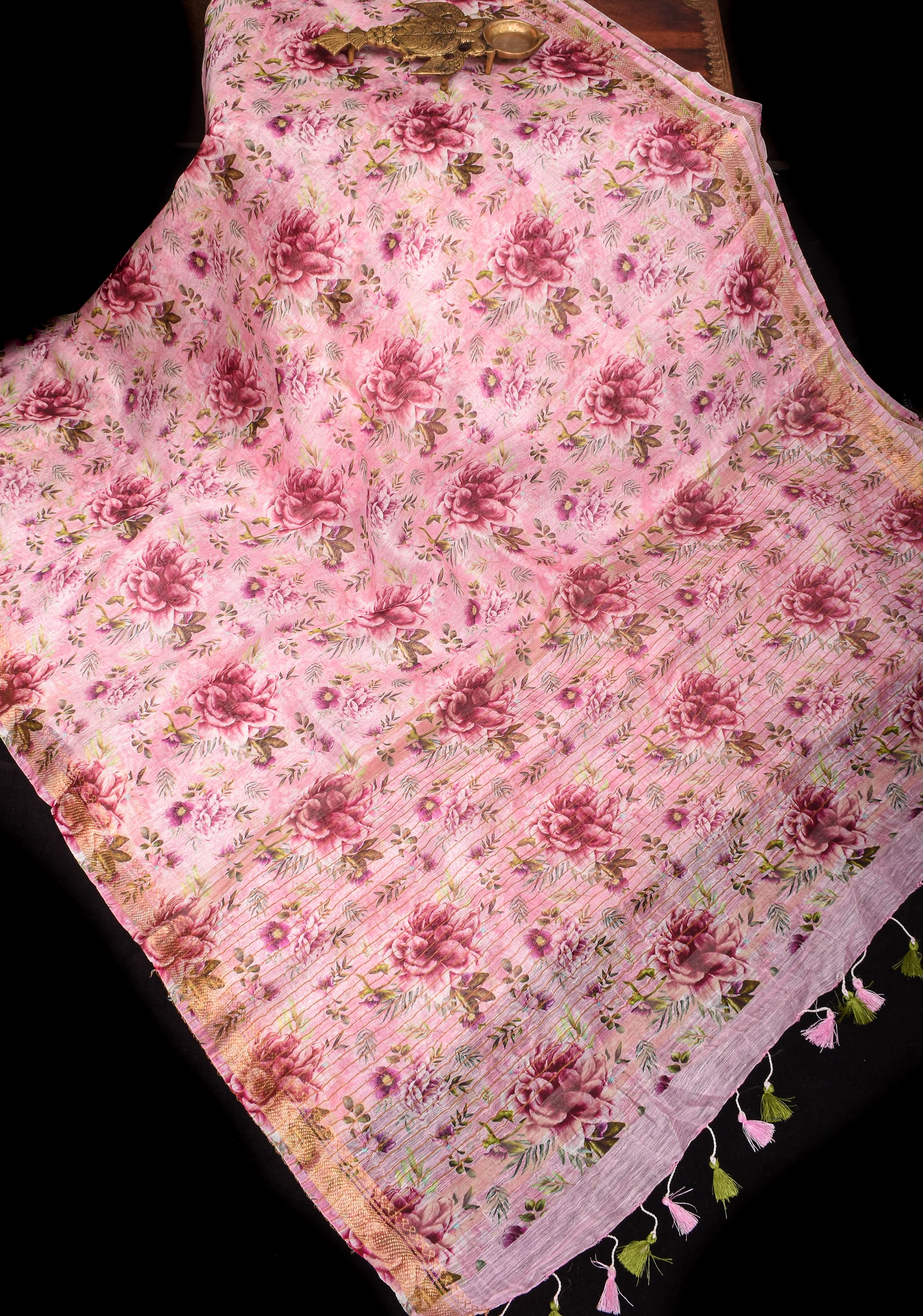 Peony Blooms : Silk Linen Saree in Dusty Pink with Long tassels and Zari Borders | Shobitam