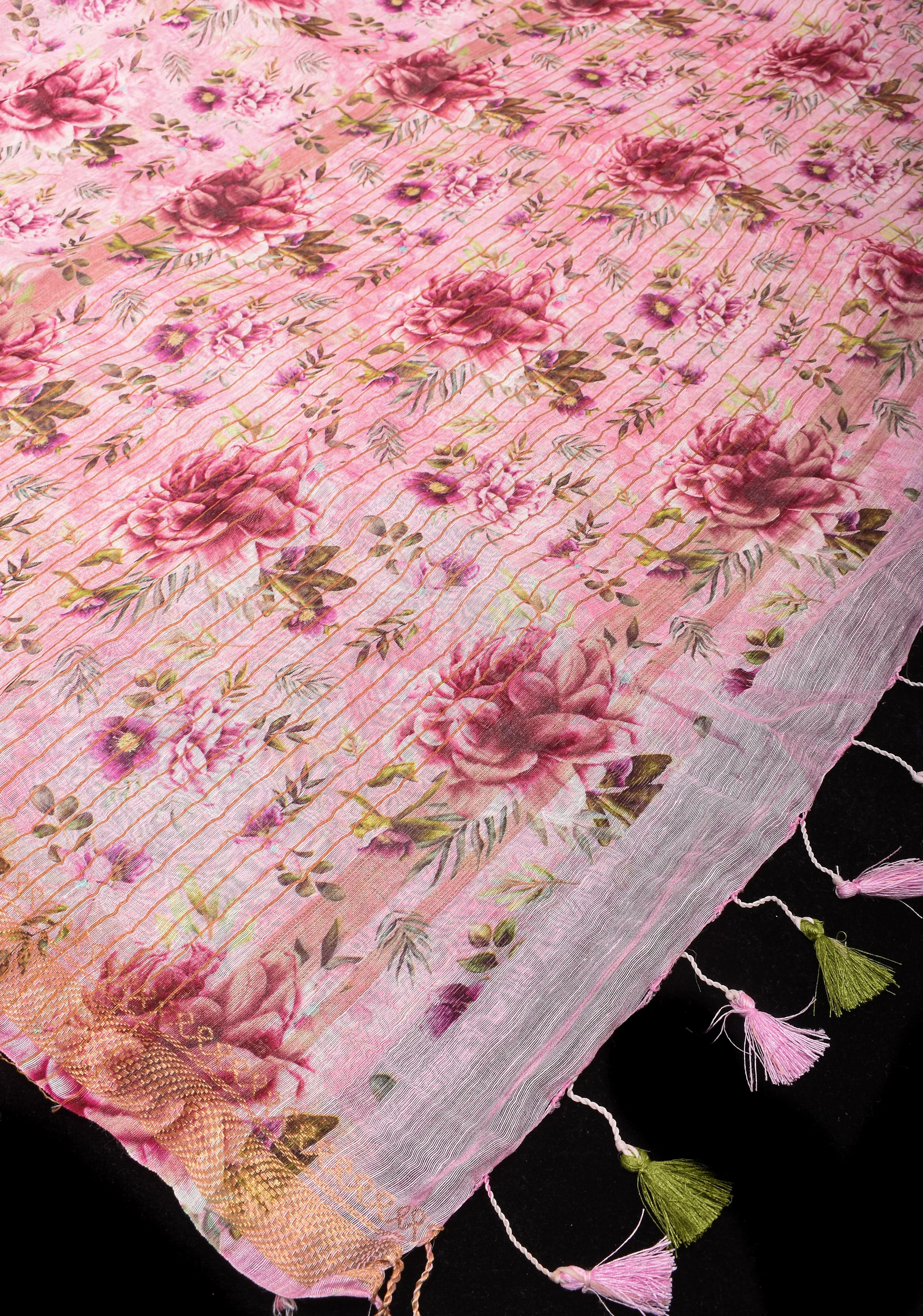 Peony Blooms : Silk Linen Saree in Dusty Pink with Long tassels and Zari Borders | Shobitam