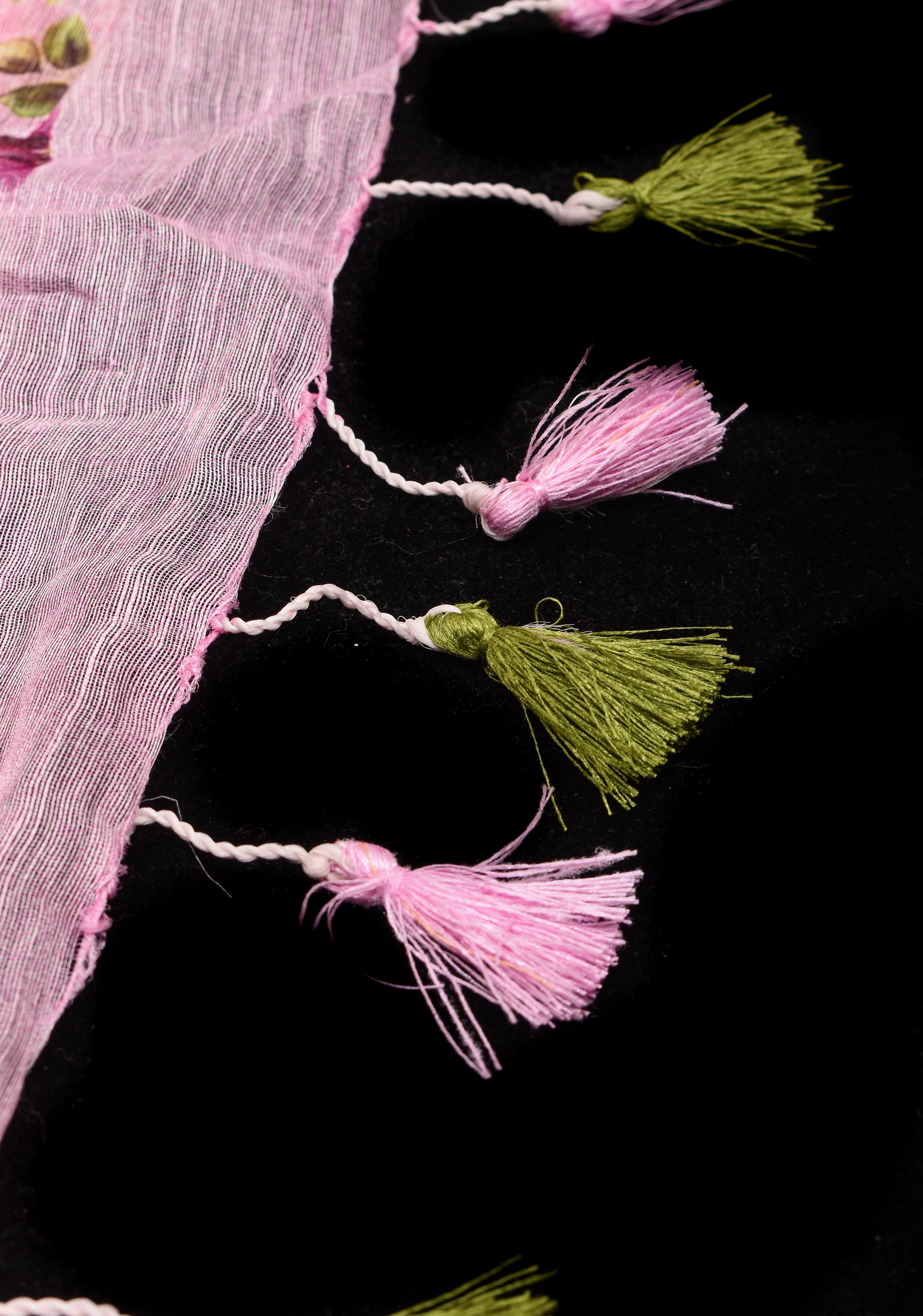 Peony Blooms : Silk Linen Saree in Dusty Pink with Long tassels and Zari Borders | Shobitam