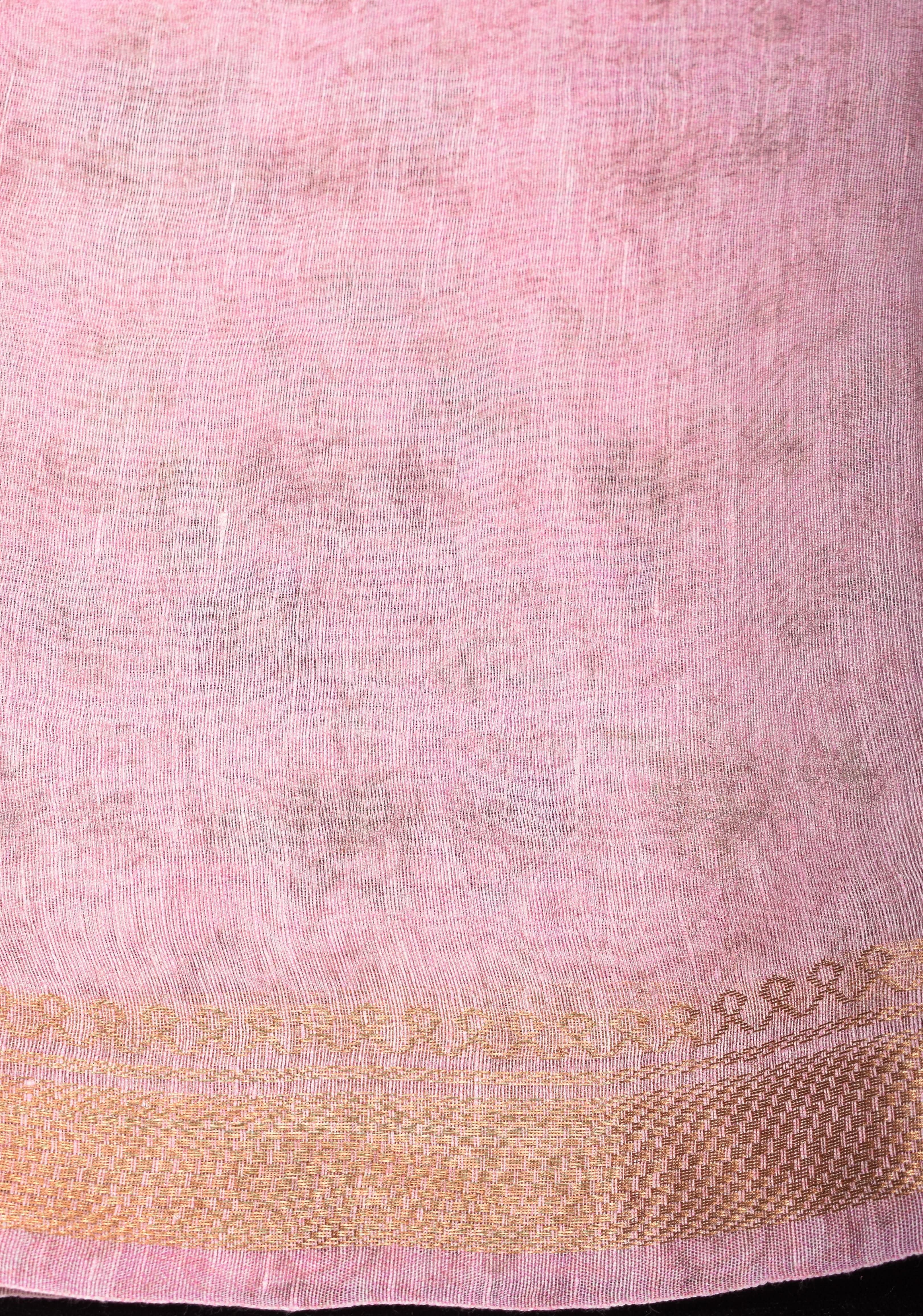 Peony Blooms : Silk Linen Saree in Dusty Pink with Long tassels and Zari Borders | Shobitam