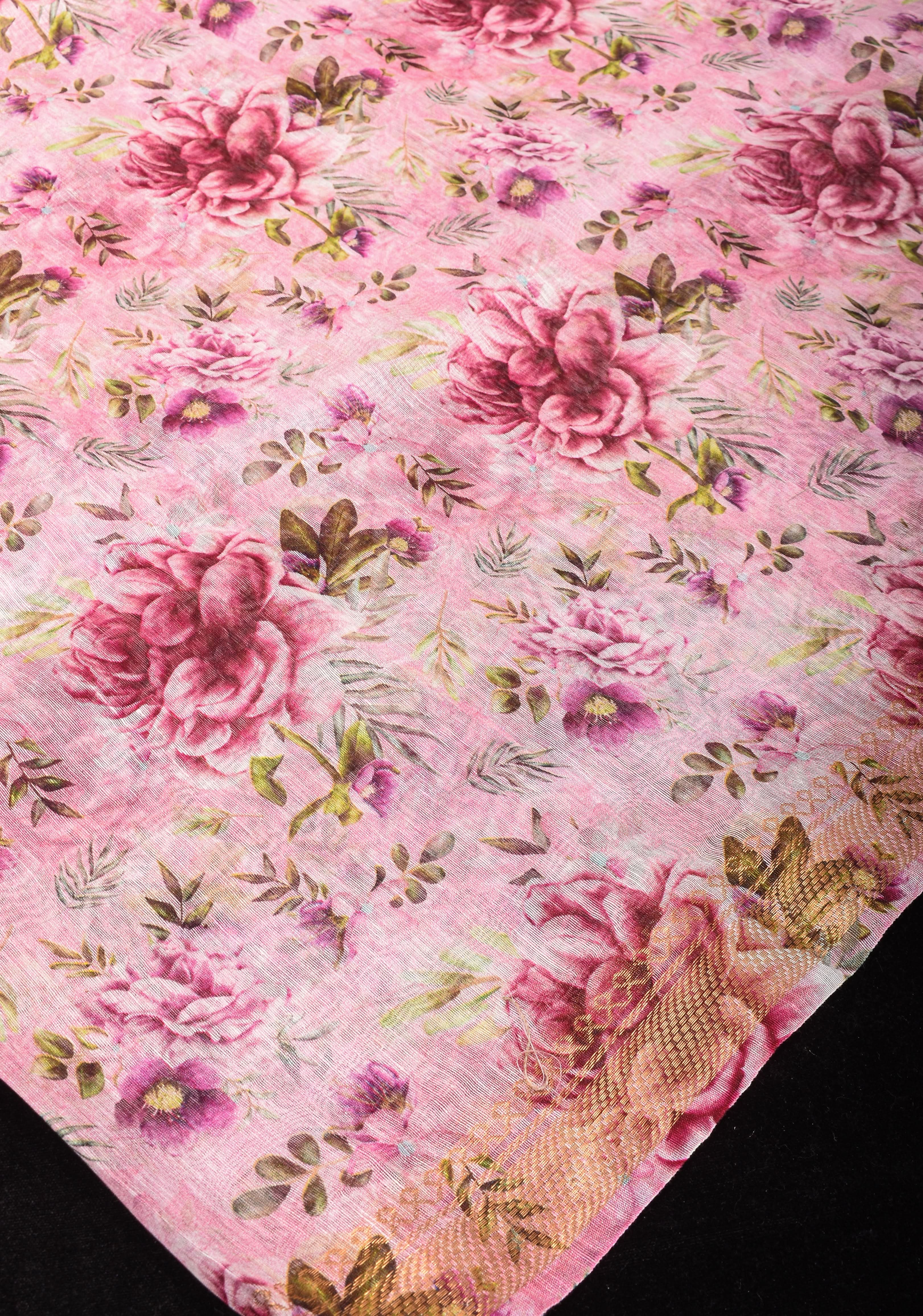 Peony Blooms : Silk Linen Saree in Dusty Pink with Long tassels and Zari Borders | Shobitam