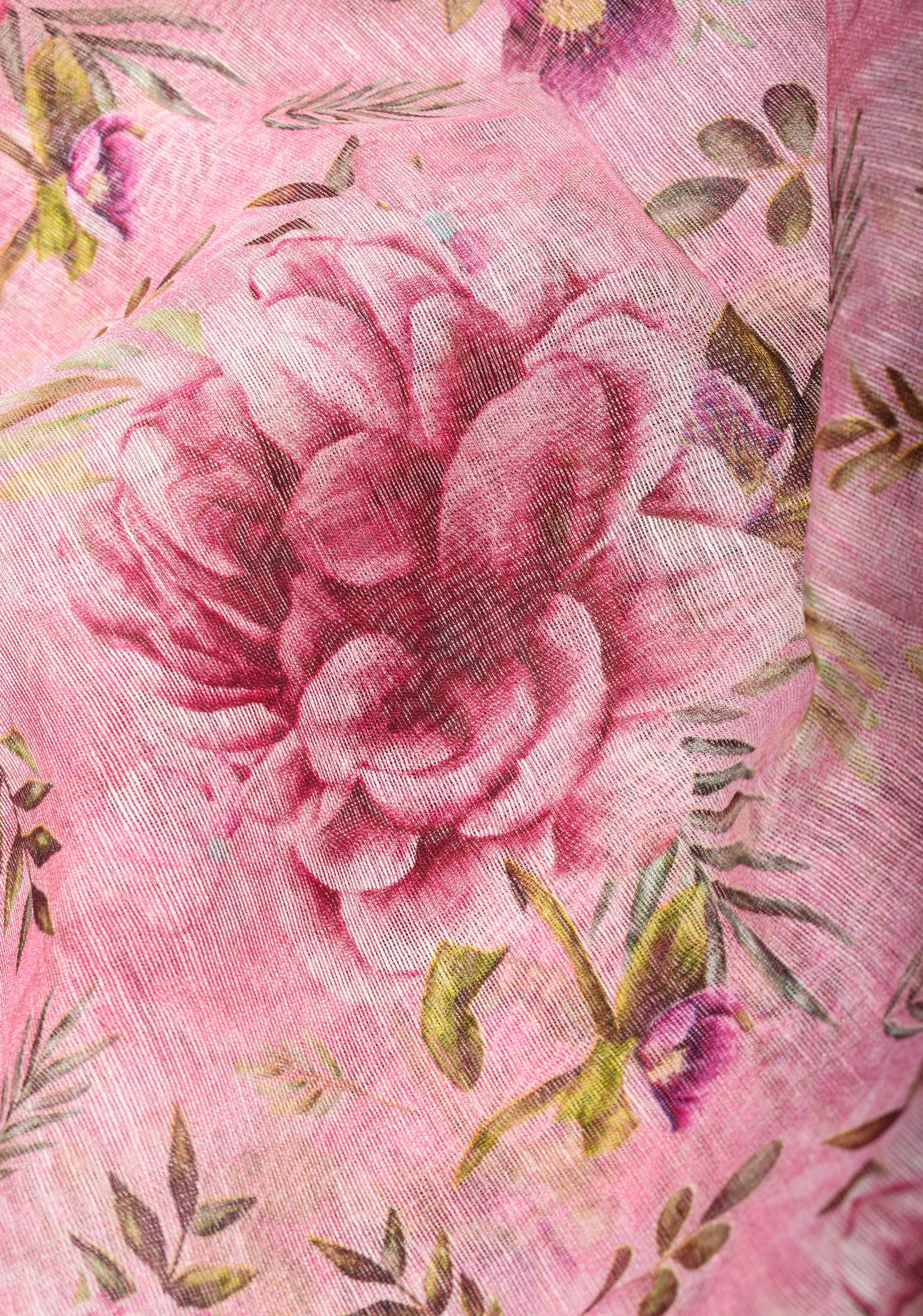 Peony Blooms : Silk Linen Saree in Dusty Pink with Long tassels and Zari Borders | Shobitam