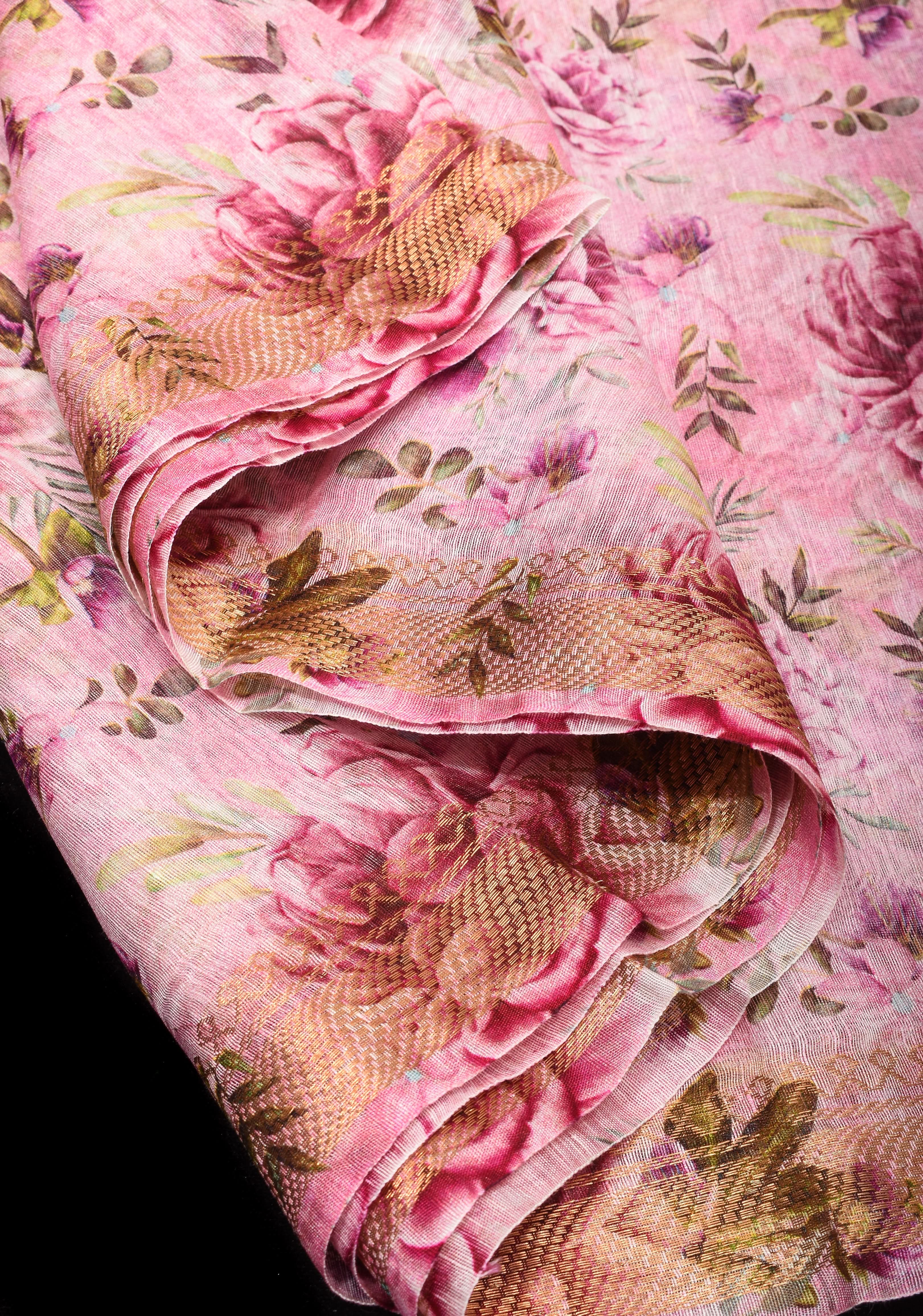 Peony Blooms : Silk Linen Saree in Dusty Pink with Long tassels and Zari Borders | Shobitam