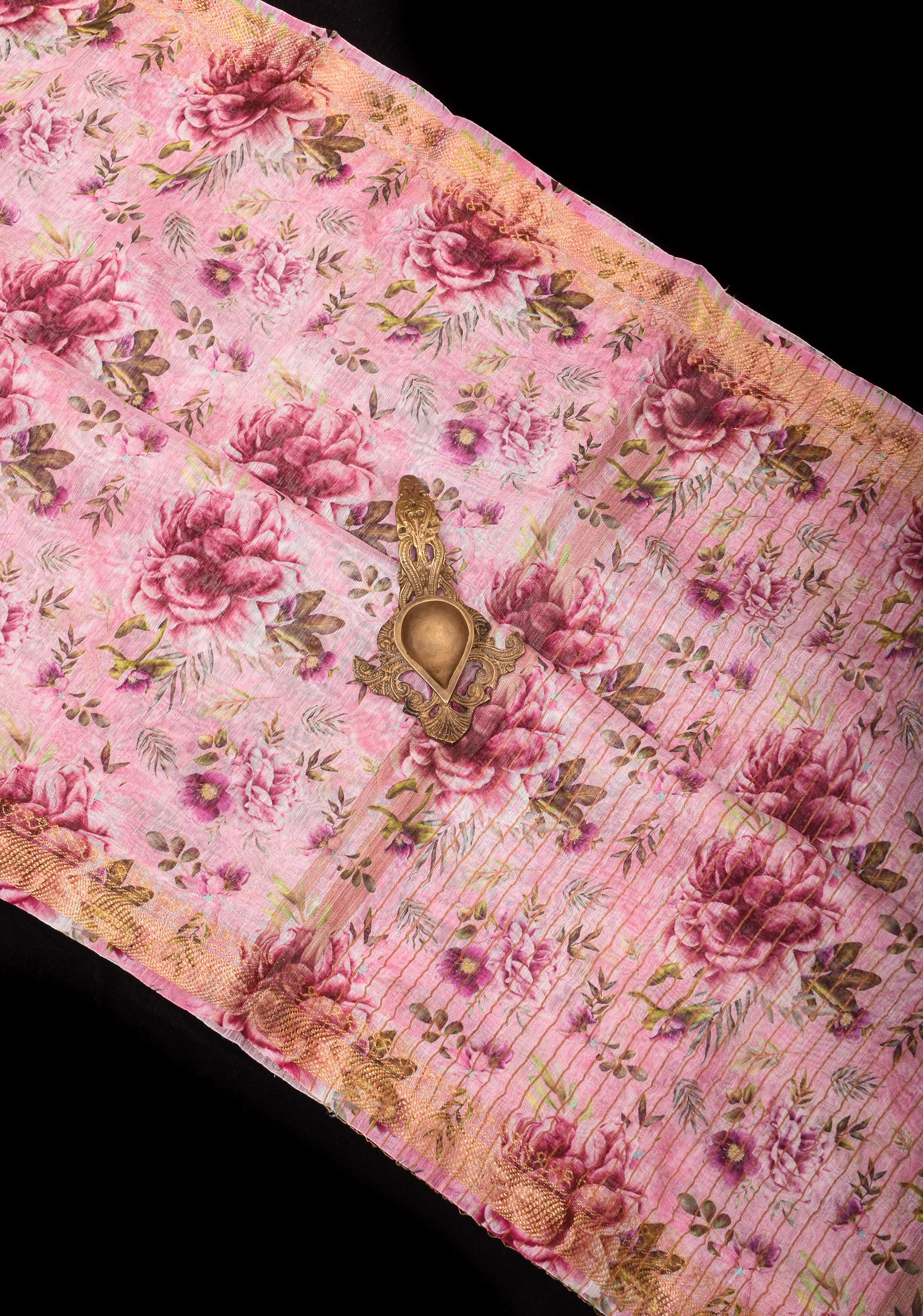 Peony Blooms : Silk Linen Saree in Dusty Pink with Long tassels and Zari Borders | Shobitam