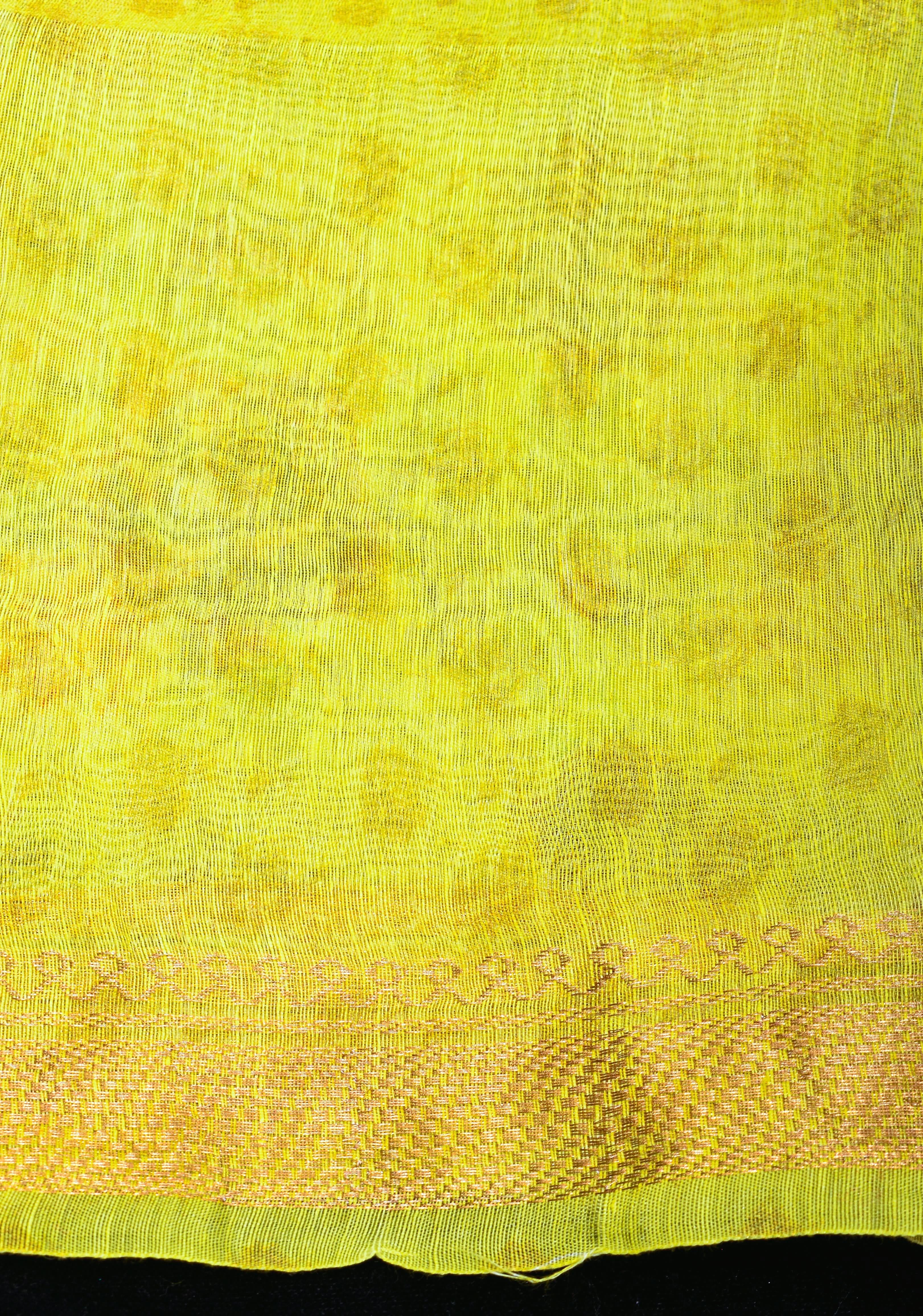 Citrine Silk Linen Saree with Rose Floral Digital print, zari borders and long tassels | Shobitam