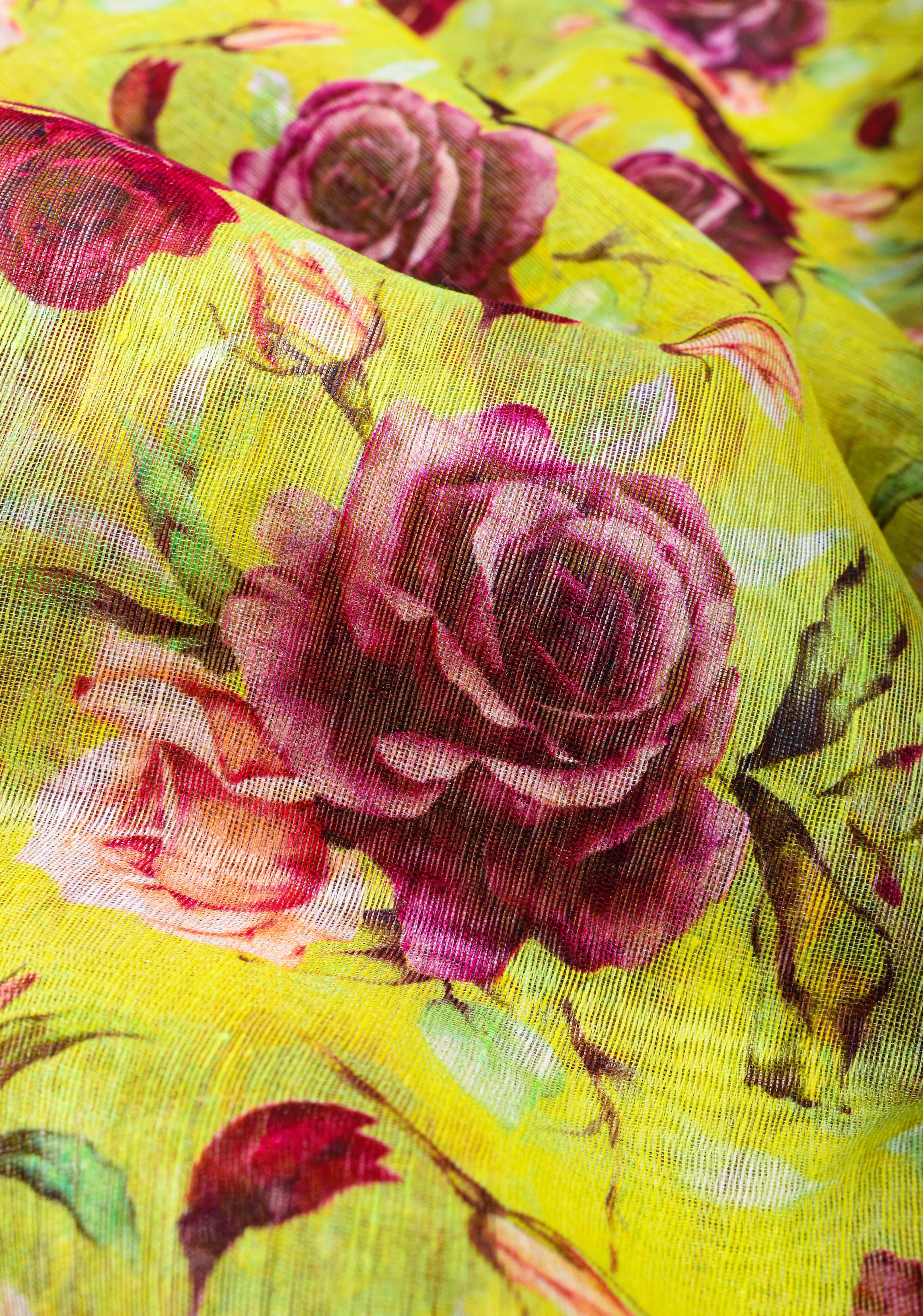 Citrine Silk Linen Saree with Rose Floral Digital print, zari borders and long tassels | Shobitam
