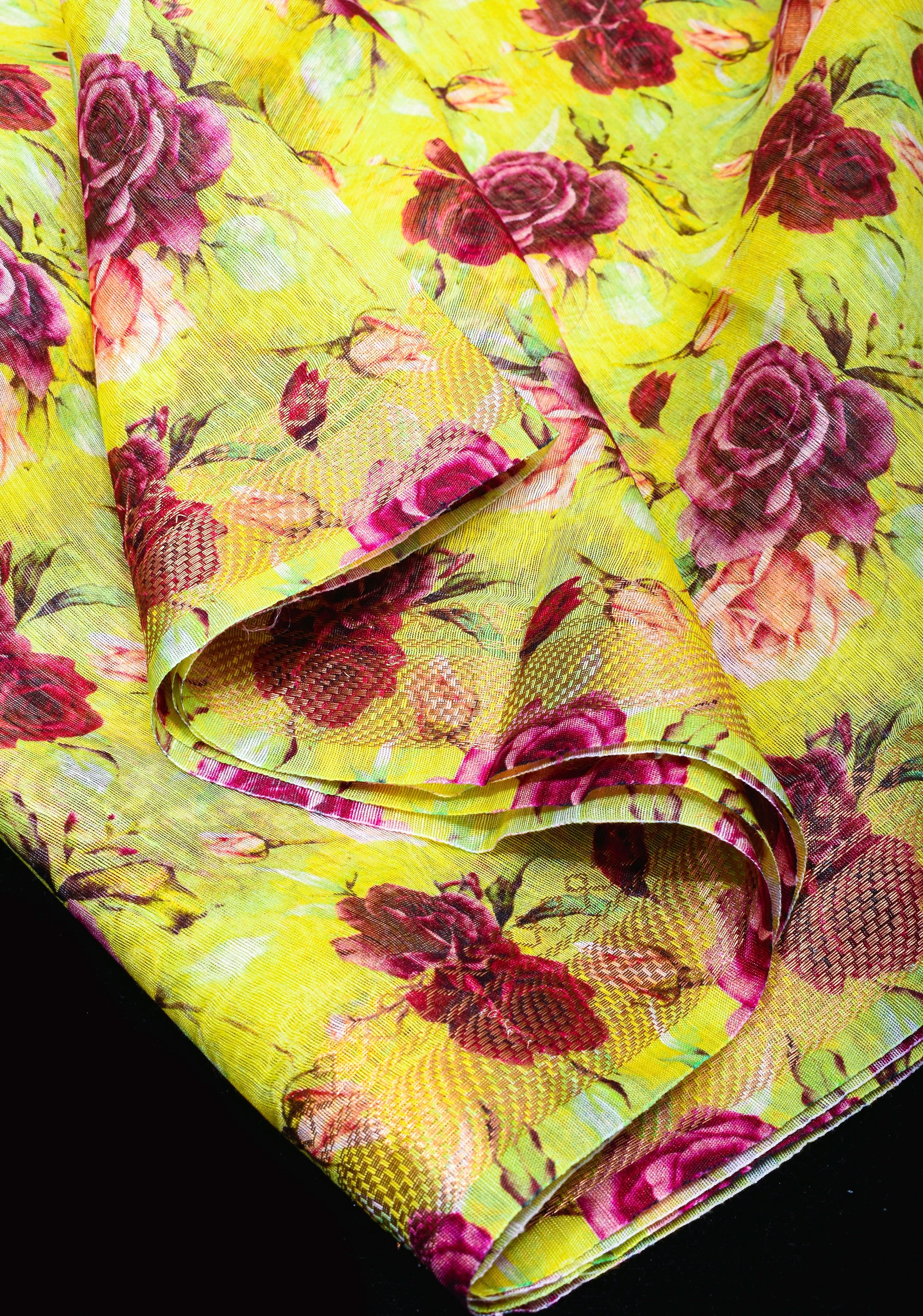Citrine Silk Linen Saree with Rose Floral Digital print, zari borders and long tassels | Shobitam