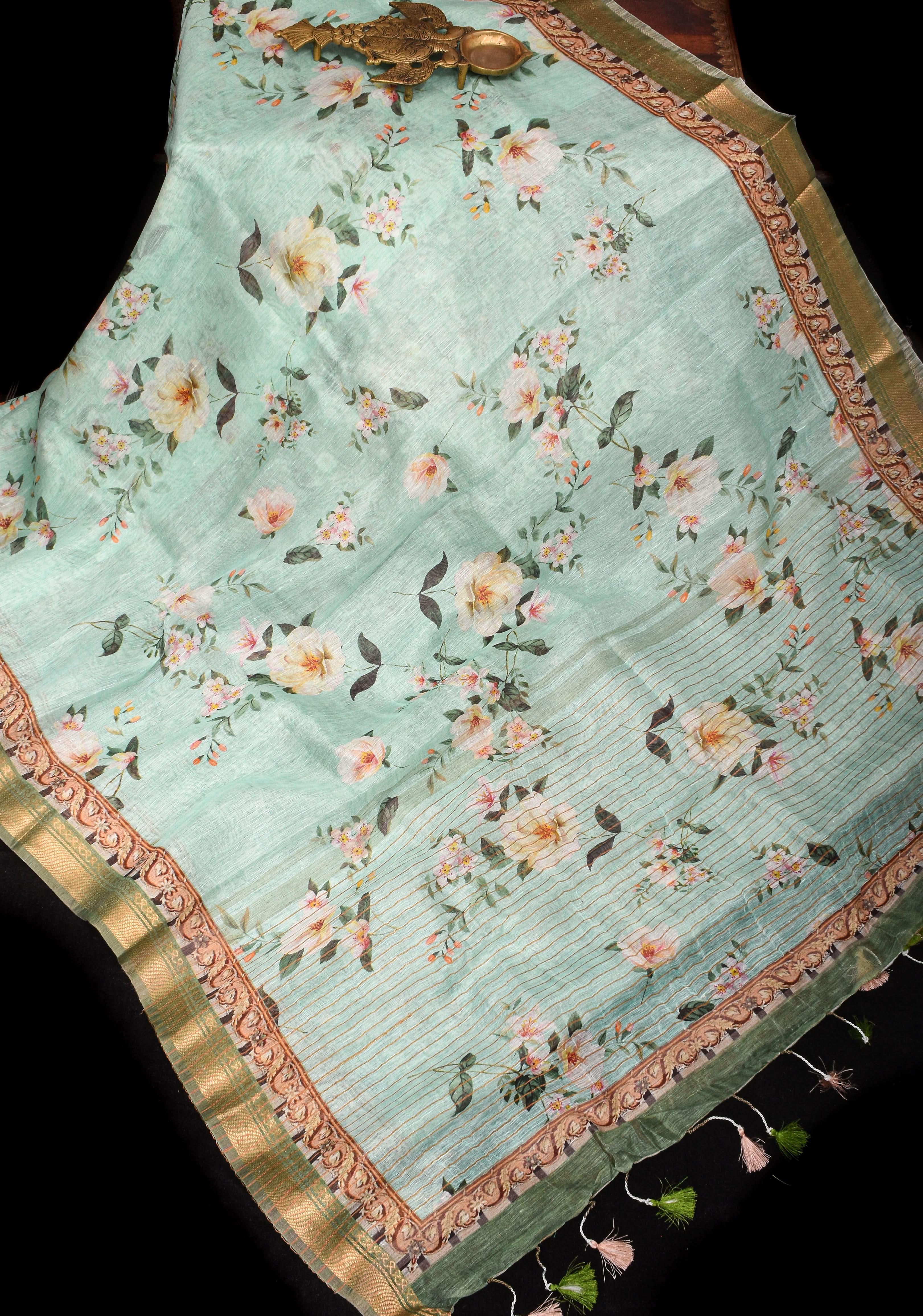 Aqua Silk Linen Saree with Floral Digital Print | Shobitam