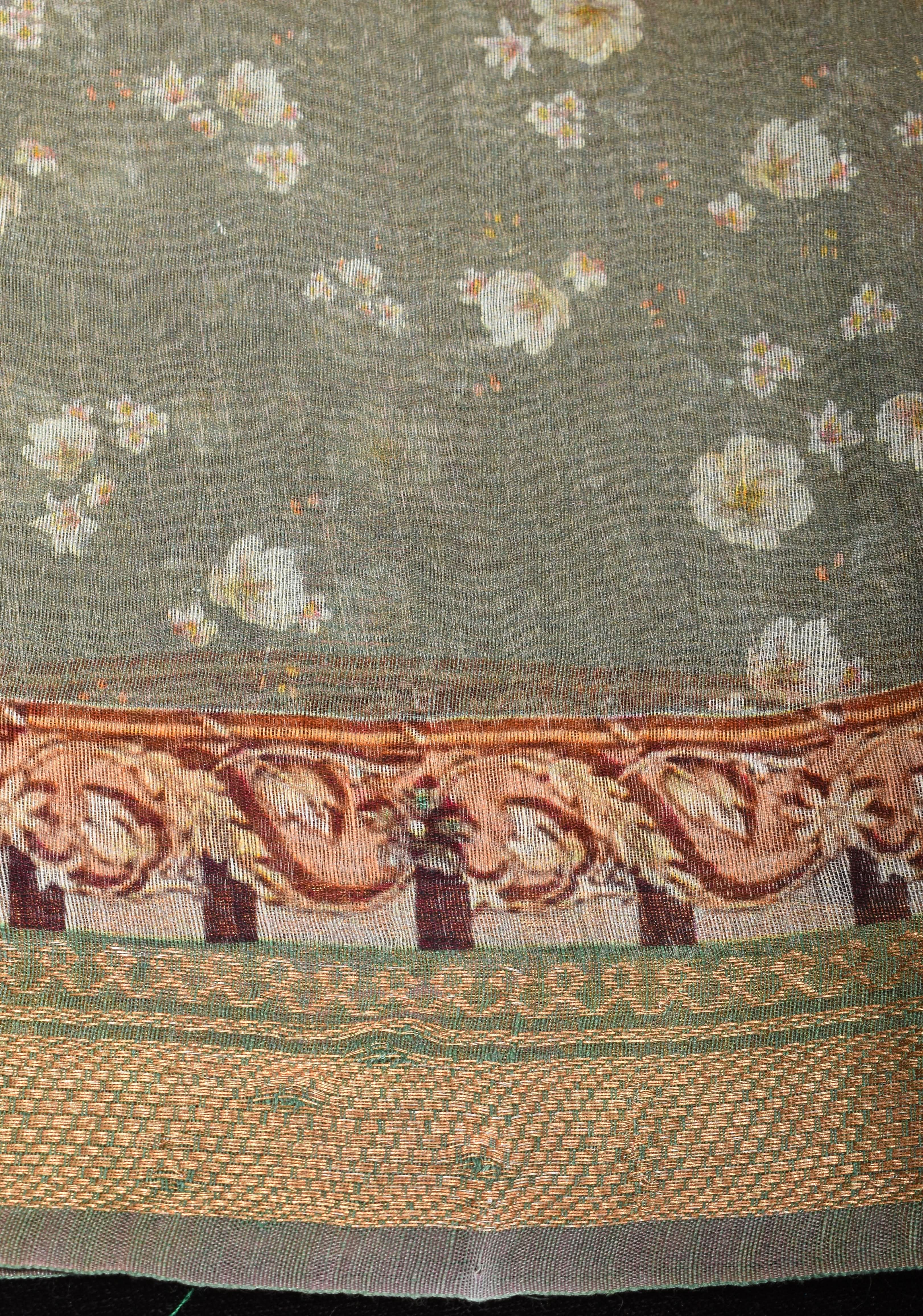 Aqua Silk Linen Saree with Floral Digital Print | Shobitam