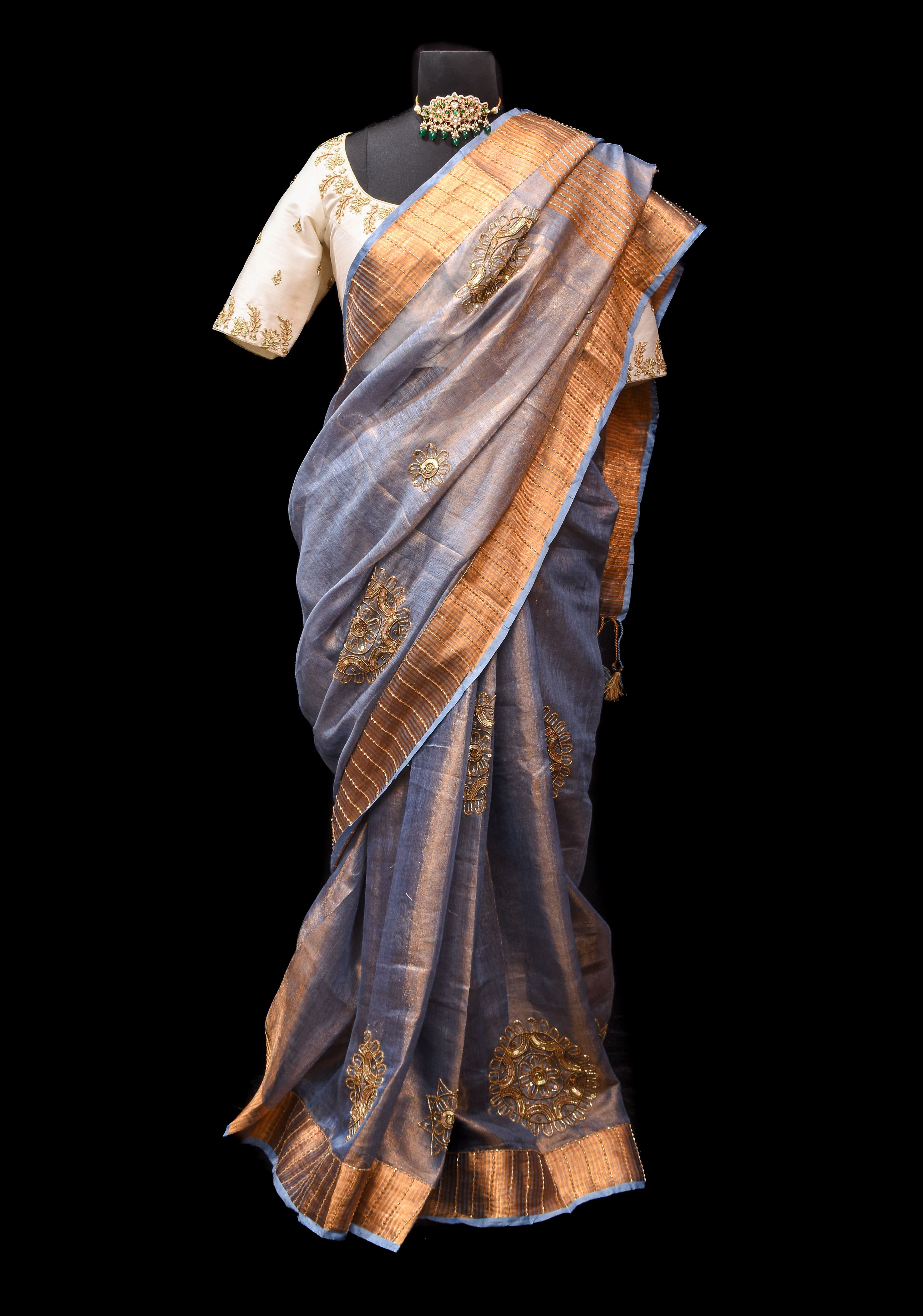 Gray Tissue Linen Saree with Sequin and Cutdana Handwork Mandala Buttas | Shobitam