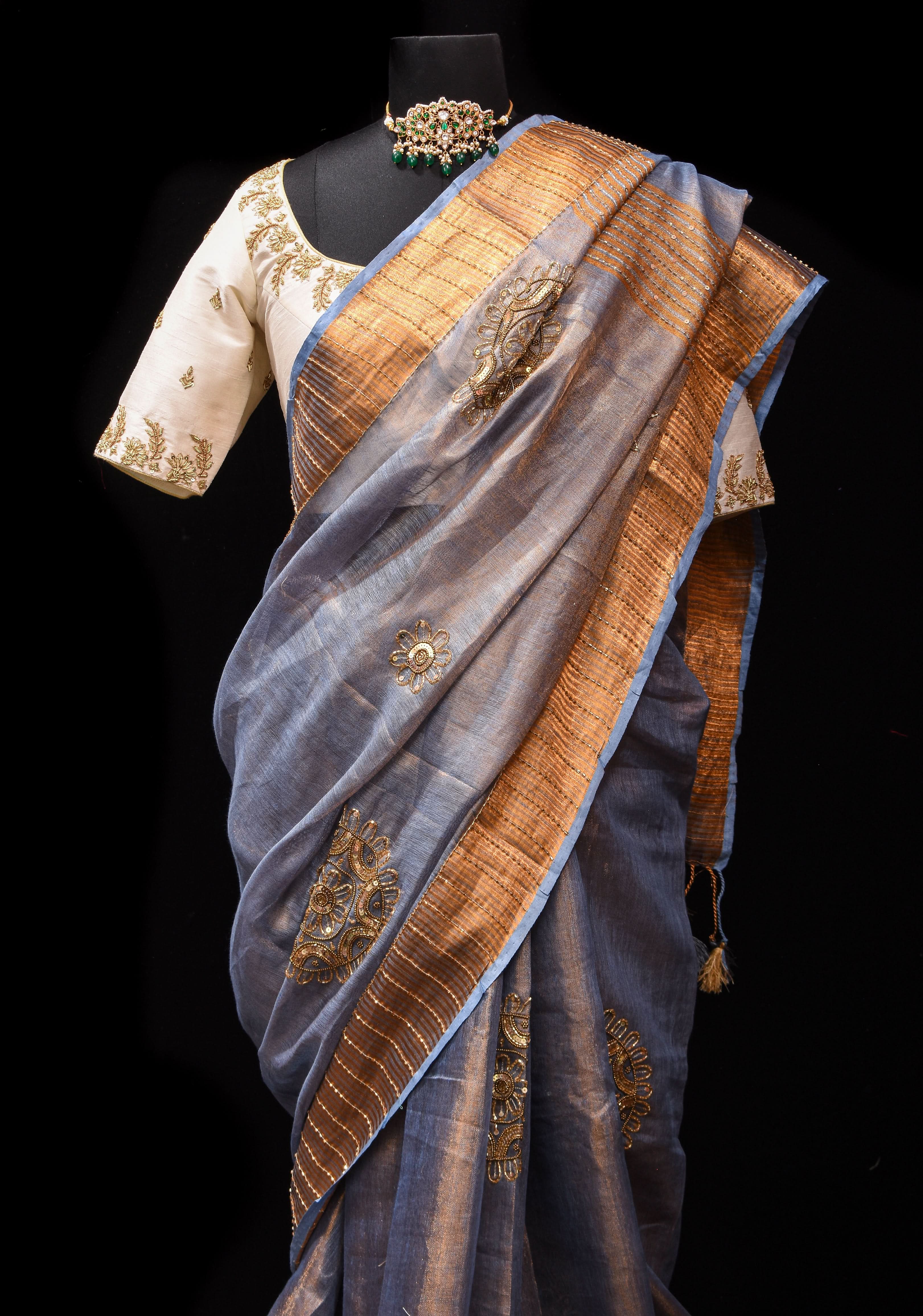 Gray Tissue Linen Saree with Sequin and Cutdana Handwork Mandala Buttas | Shobitam