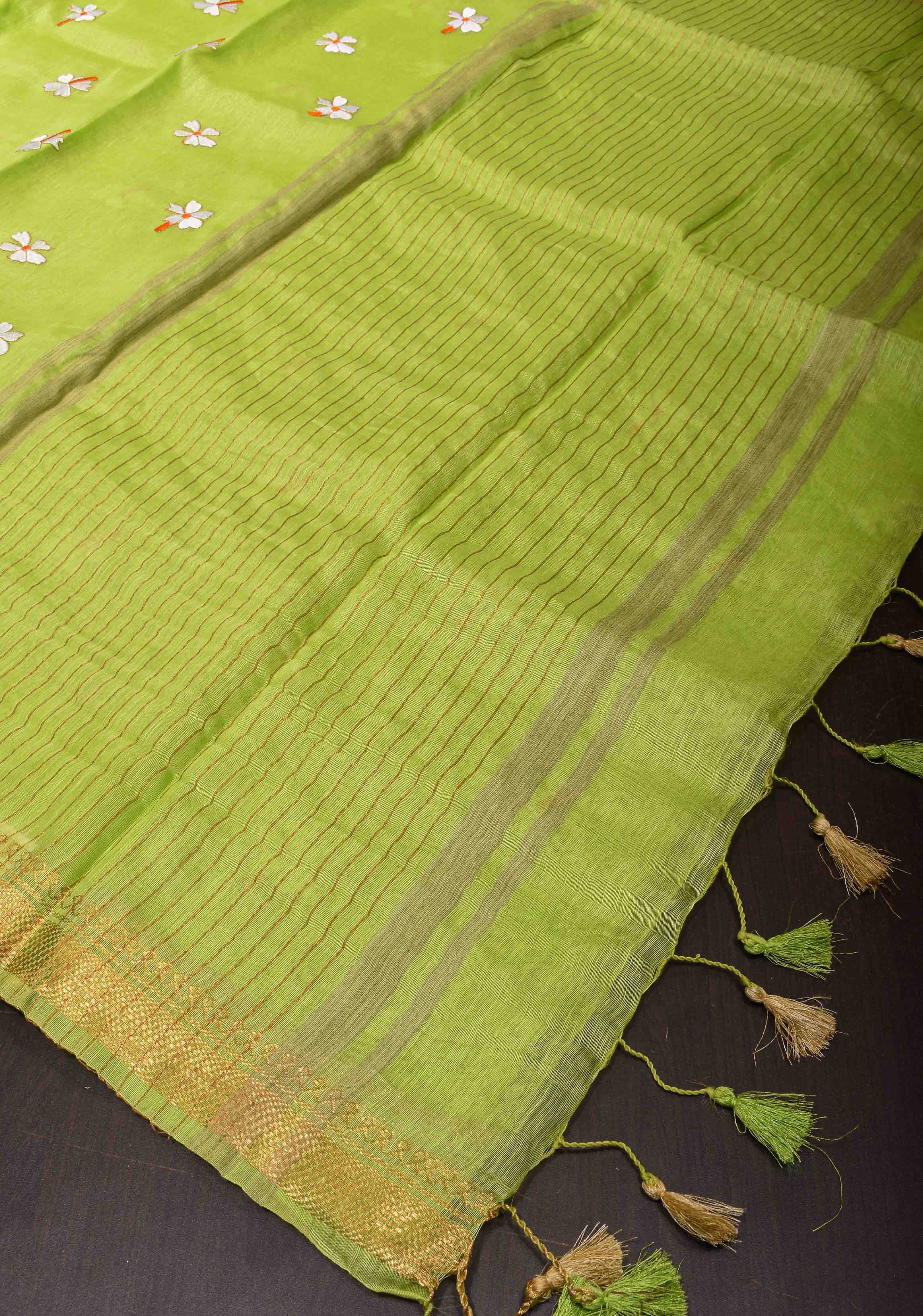 Silk Linen Saree in Lime Green with Parijaat Floral Embroidery | Shobitam