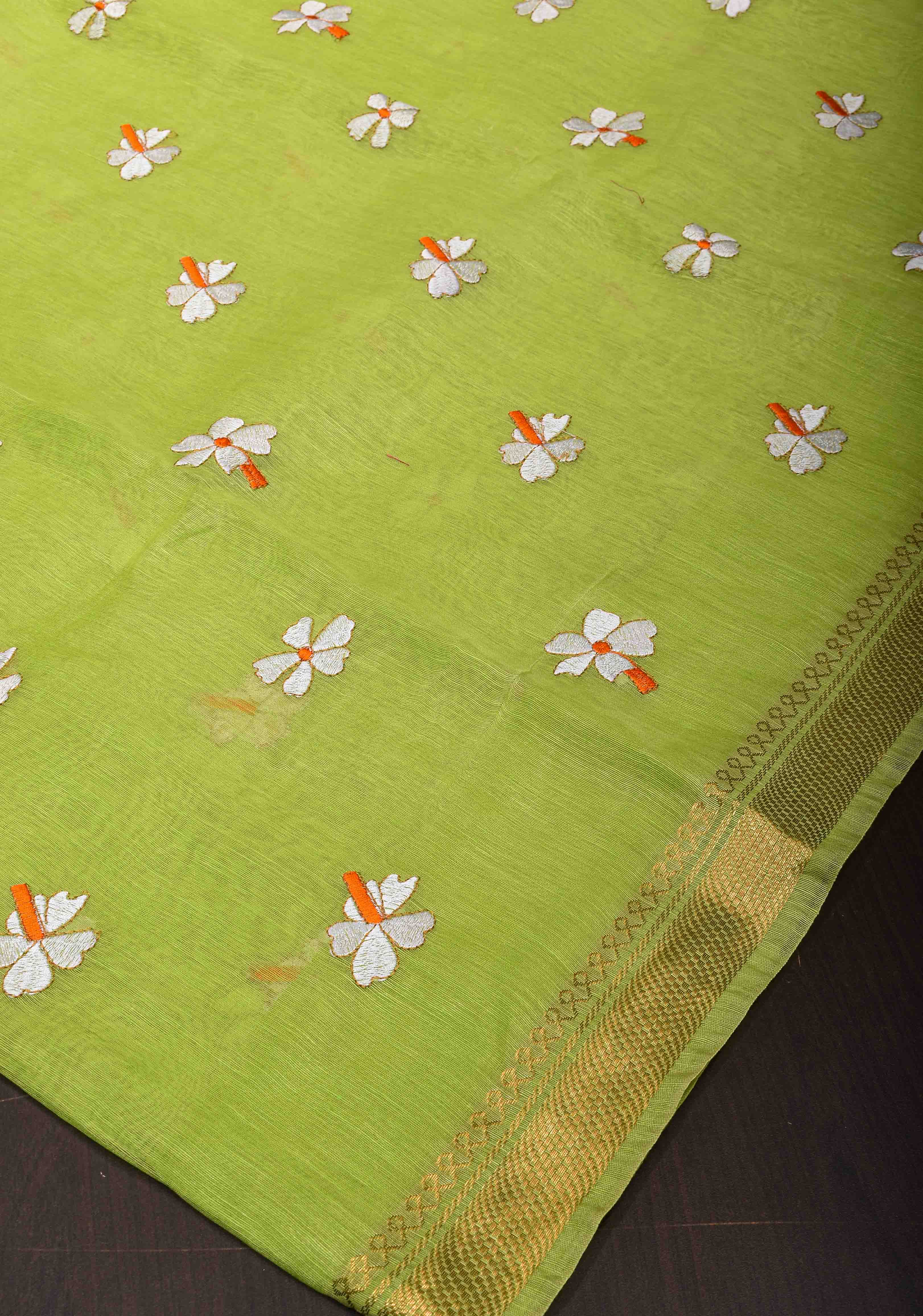 Silk Linen Saree in Lime Green with Parijaat Floral Embroidery | Shobitam