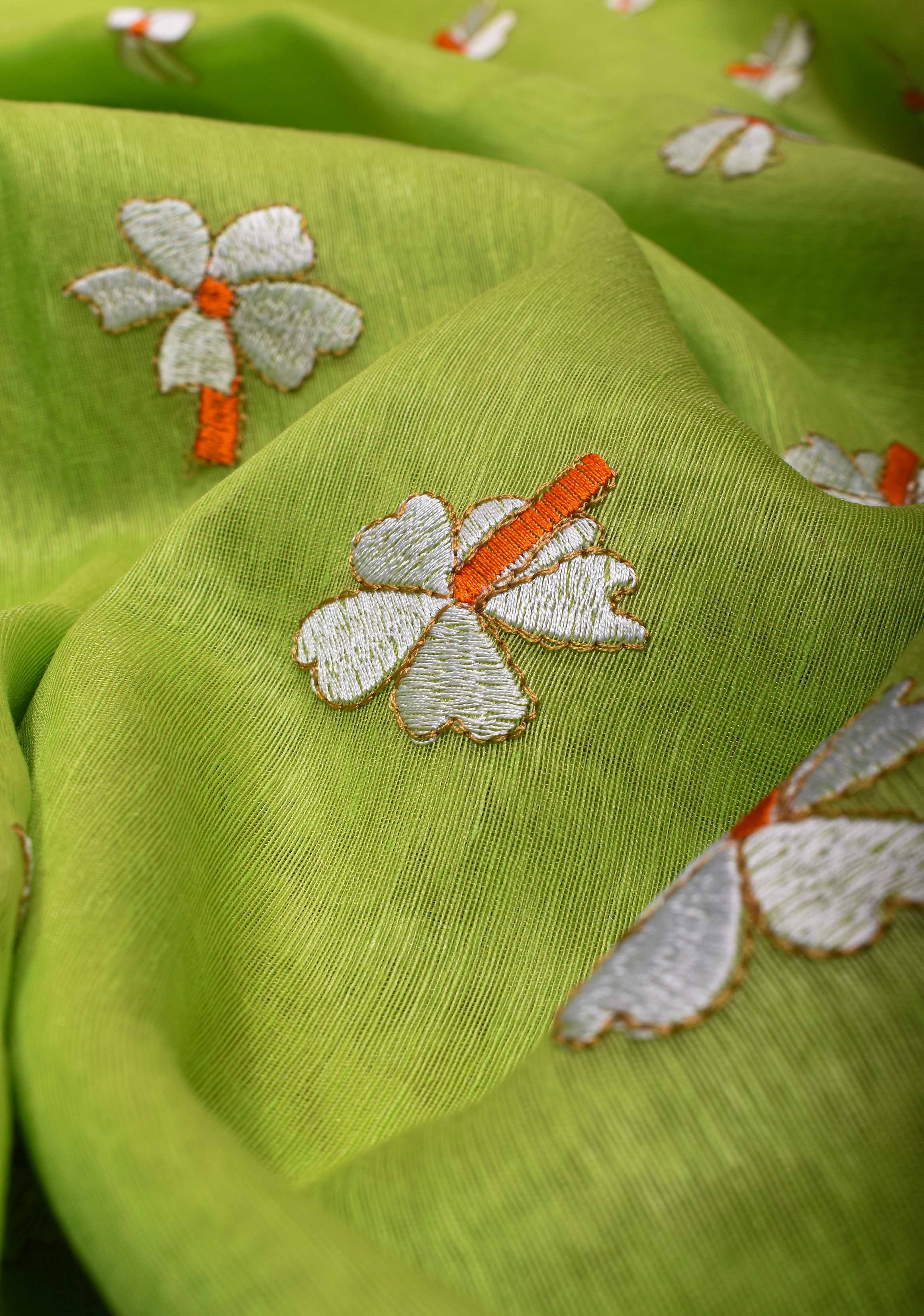 Silk Linen Saree in Lime Green with Parijaat Floral Embroidery | Shobitam