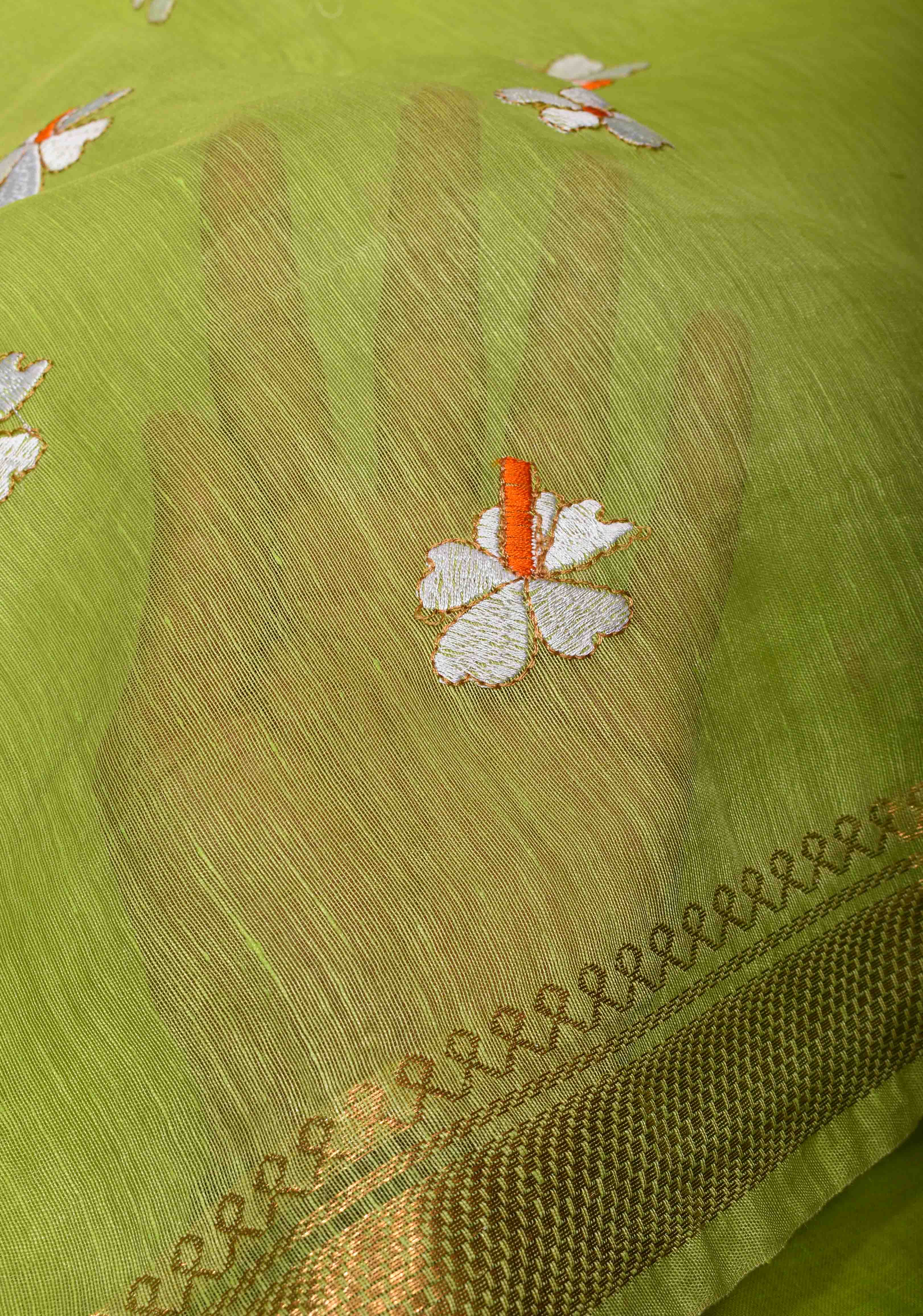 Silk Linen Saree in Lime Green with Parijaat Floral Embroidery | Shobitam