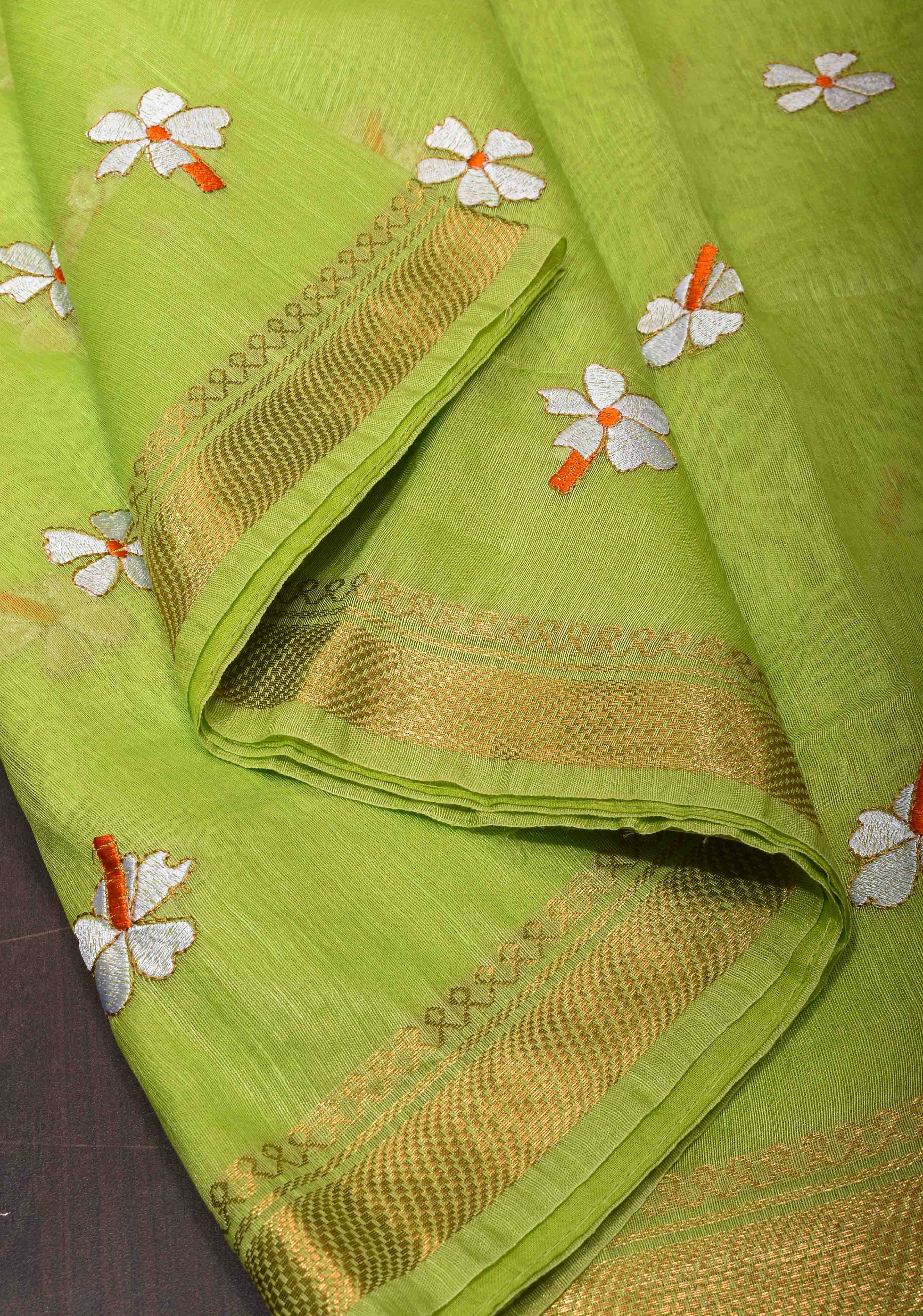 Silk Linen Saree in Lime Green with Parijaat Floral Embroidery | Shobitam
