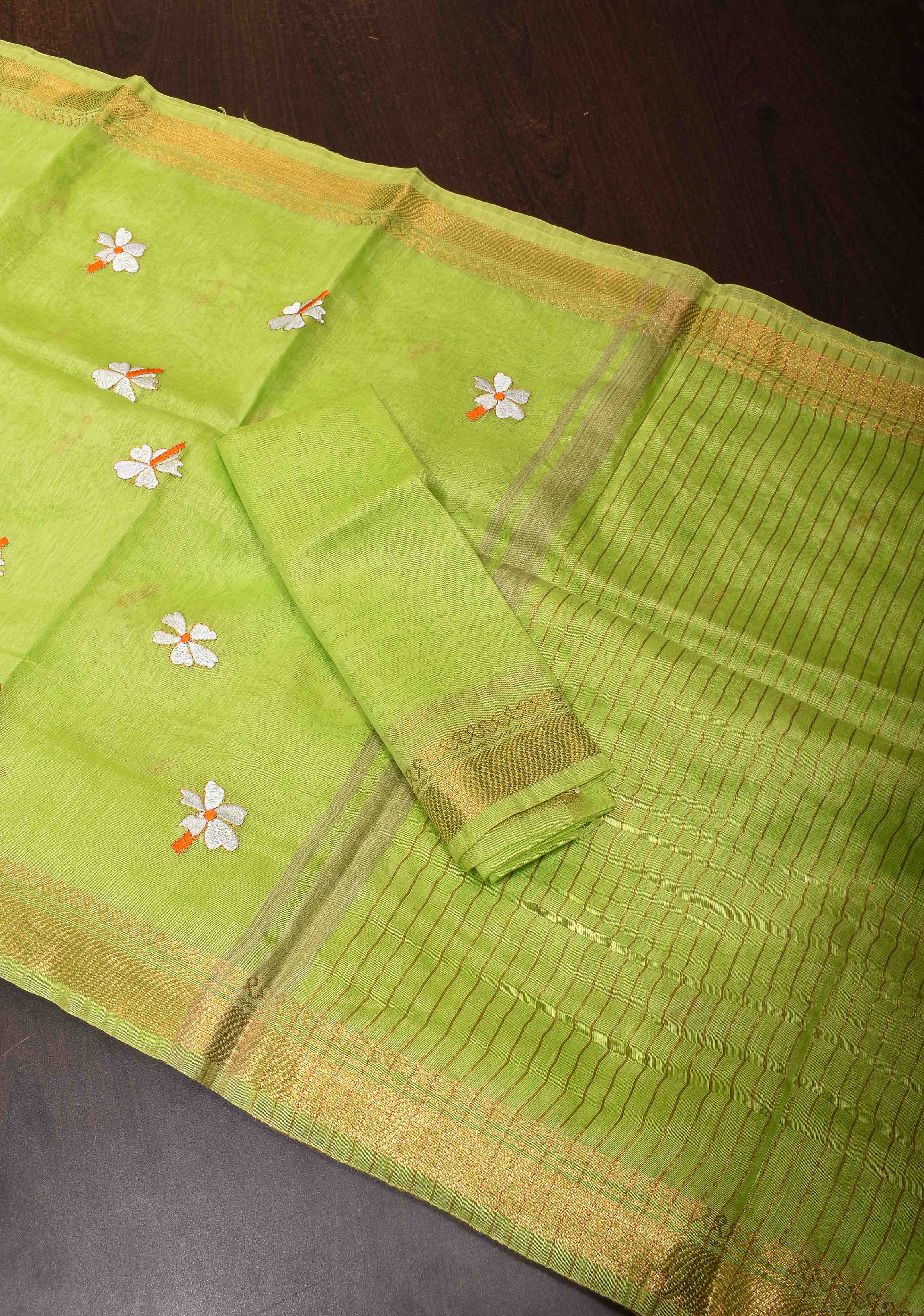 Silk Linen Saree in Lime Green with Parijaat Floral Embroidery | Shobitam