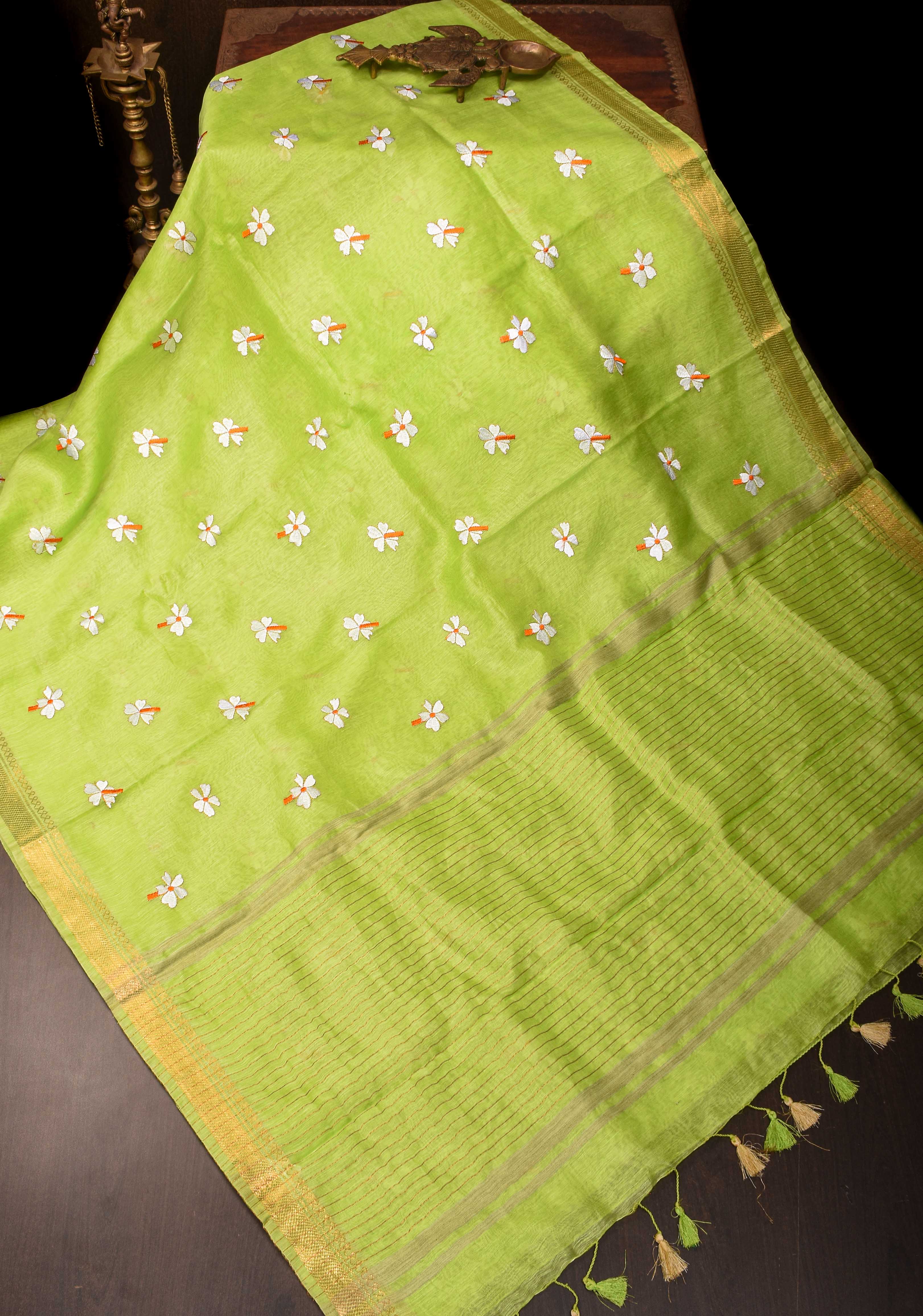 Silk Linen Saree in Lime Green with Parijaat Floral Embroidery | Shobitam
