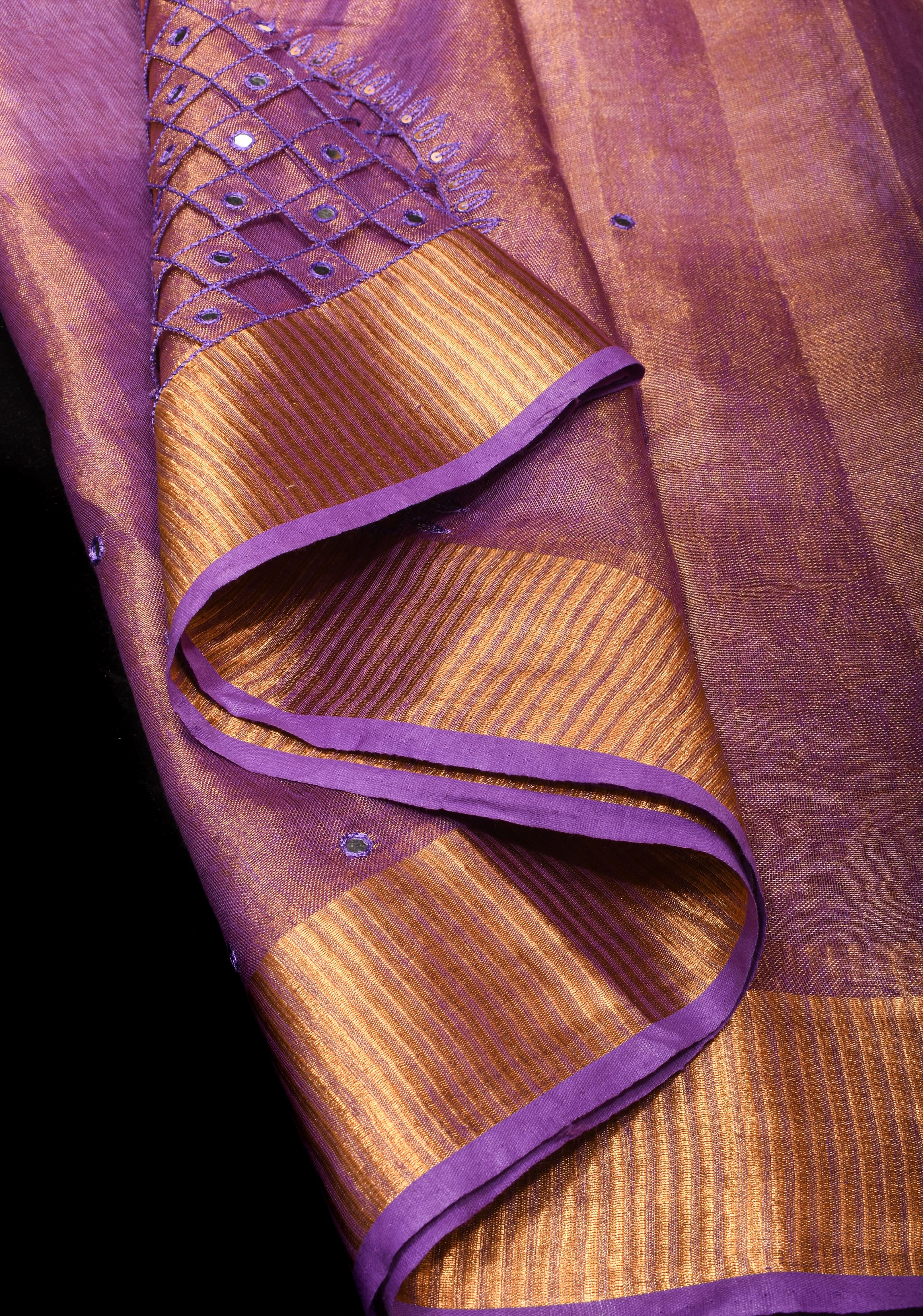 Cutwork and Mirror Work Tissue Linen Saree in Lavender Gold with Zari Border | Shobitam